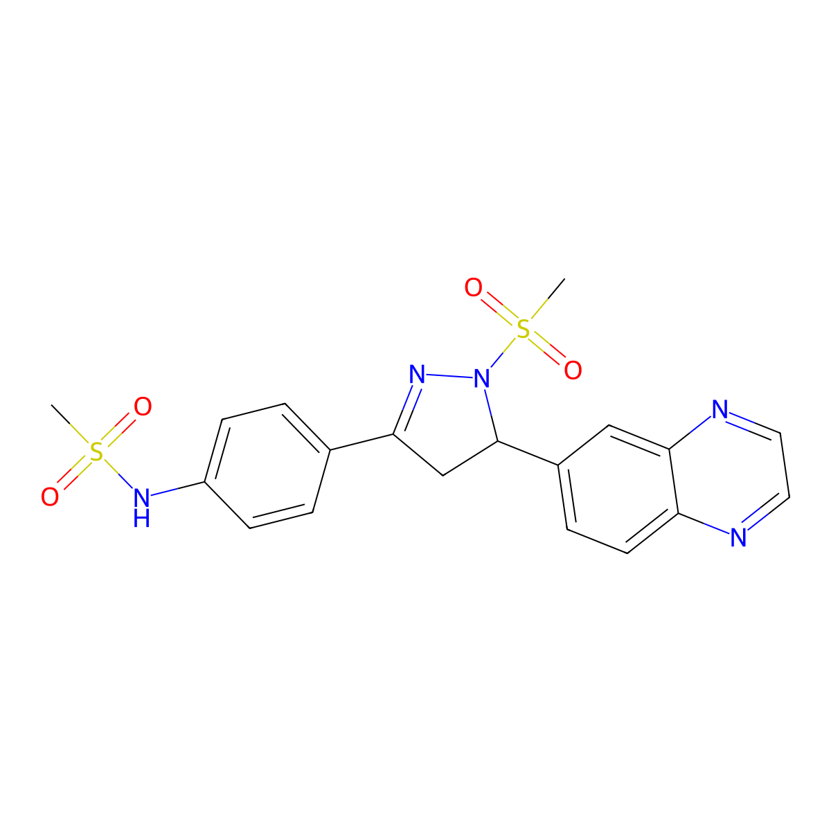 N-[4-(2-methylsulfonyl-3-quinoxalin-6-yl-3,4-dihydropyrazol-5-yl)phenyl]methanesulfonamide molecular structure, CAS 710987-42-1