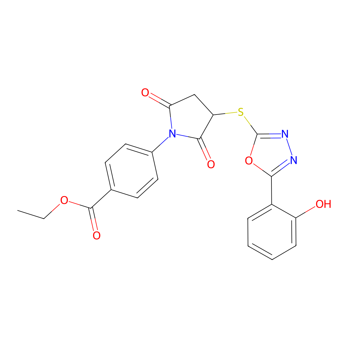 Ethyl 4-(3-((5-(2-hydroxyphenyl)-1,3,4-oxadiazol-2-yl)thio)-2,5-dioxopyrrolidin-1-yl)benzoate molecular structure, CAS 710987-50-1