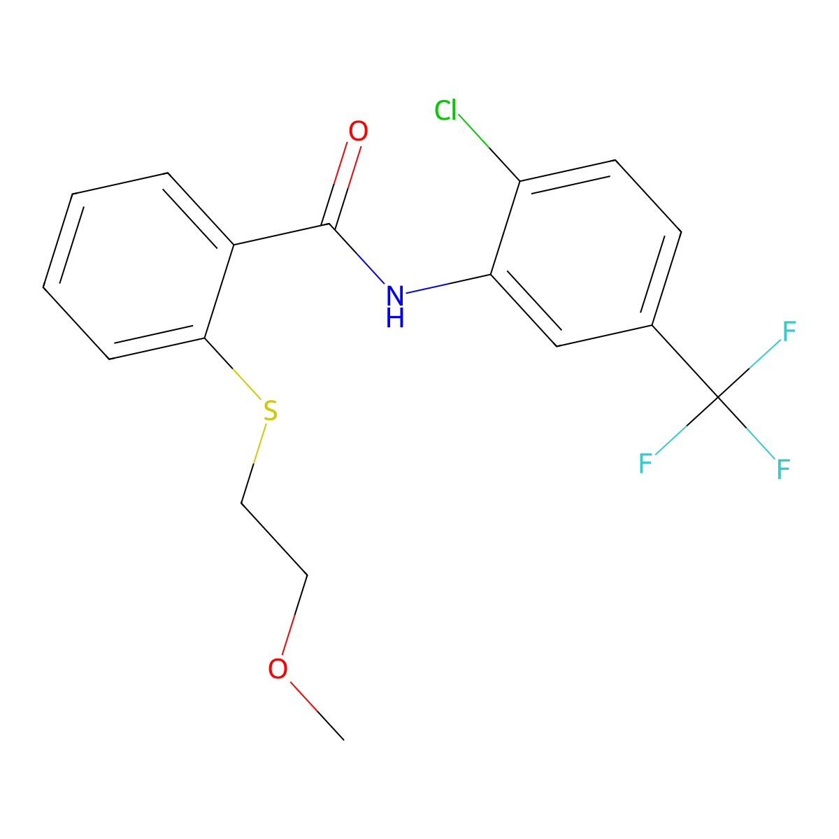 N-[2-chloro-5-(trifluoromethyl)phenyl]-2-(2-methoxyethylsulfanyl)benzamide molecular structure, CAS 710989-92-7