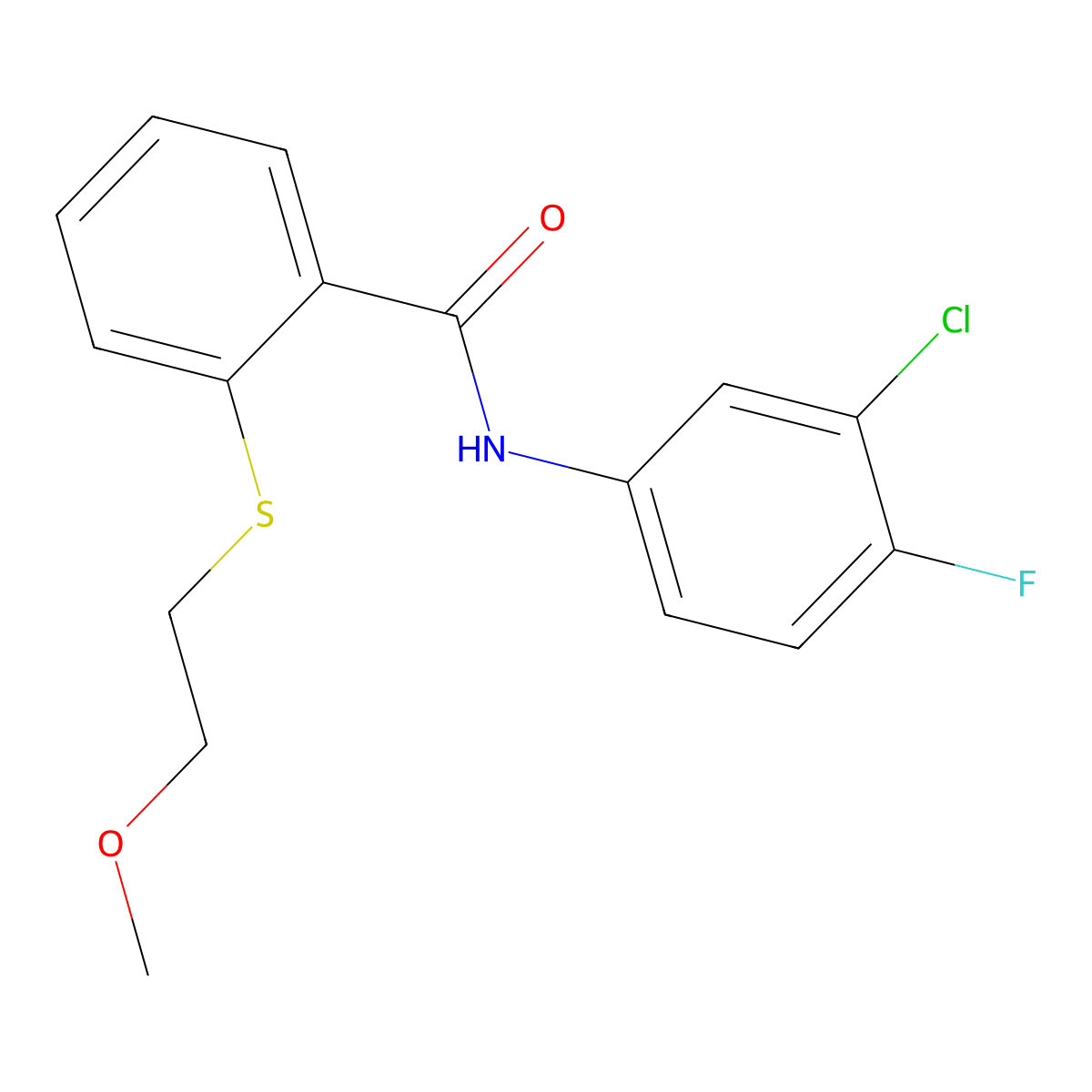 N-(3-chloro-4-fluorophenyl)-2-(2-methoxyethylsulfanyl)benzamide molecular structure, CAS 710990-27-5