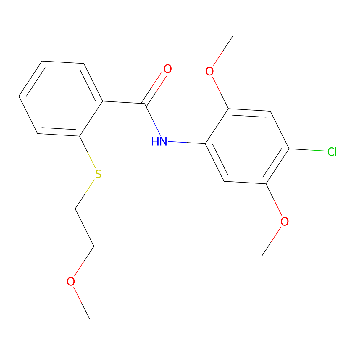 N-(4-chloro-2,5-dimethoxyphenyl)-2-(2-methoxyethylsulfanyl)benzamide molecular structure, CAS 710990-44-6