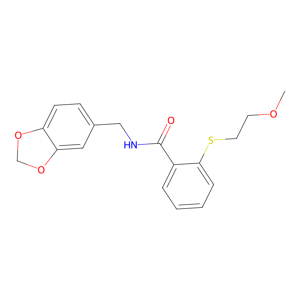 N-(1,3-benzodioxol-5-ylmethyl)-2-(2-methoxyethylsulfanyl)benzamide molecular structure, CAS 710990-64-0