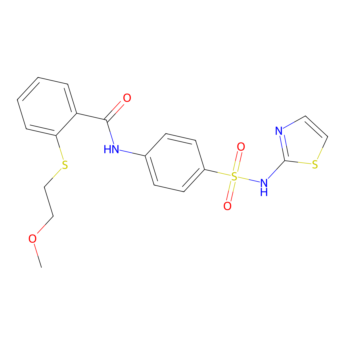 2-(2-methoxyethylsulfanyl)-N-[4-(1,3-thiazol-2-ylsulfamoyl)phenyl]benzamide molecular structure, CAS 710990-73-1