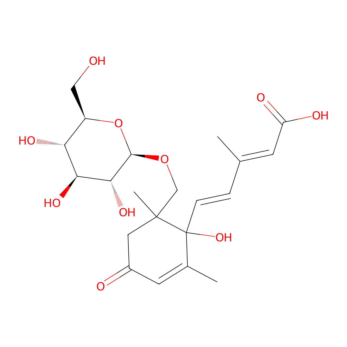 (2E,4E)-5-[1-hydroxy-2,6-dimethyl-4-oxo-6-[[(2R,3R,4S,5S,6R)-3,4,5-trihydroxy-6-(hydroxymethyl)oxan-2-yl]oxymethyl]cyclohex-2-en-1-yl]-3-methylpenta-2,4-dienoic acid molecular structure, CAS 711029-32-2