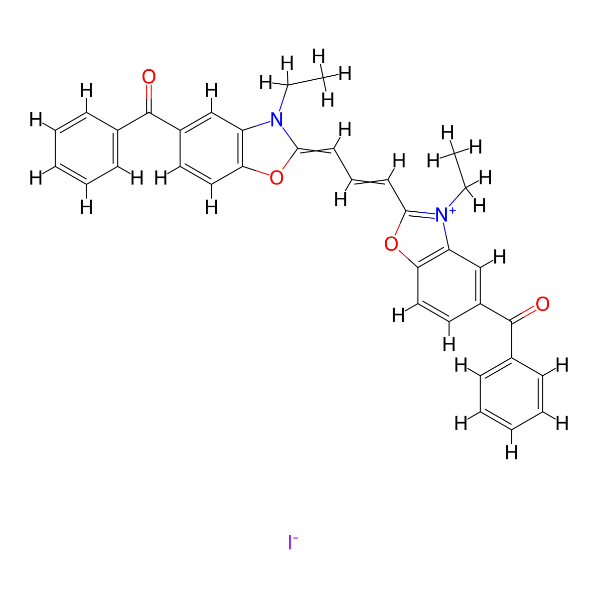 Benzoxazolium, 5-benzoyl-2-[3-(5-benzoyl-3-ethyl-2(3H)-benzoxazolylidene)-1-propen-1-yl]-3-ethyl-, iodide (1:1) molecular structure, CAS 71130-10-4