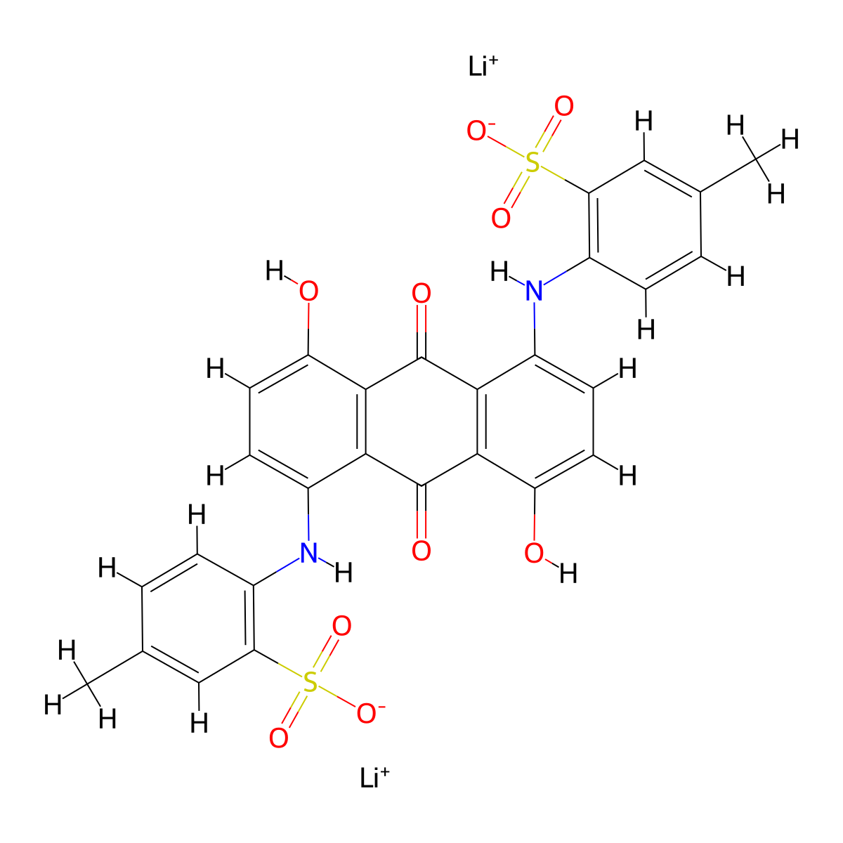 Benzenesulfonic acid, 2,2'-((9,10-dihydro-4,8-dihydroxy-9,10-dioxo-1,5-anthracenediyl)diimino)bis(5-methyl-, lithium salt (1:2) molecular structure, CAS 71130-70-6