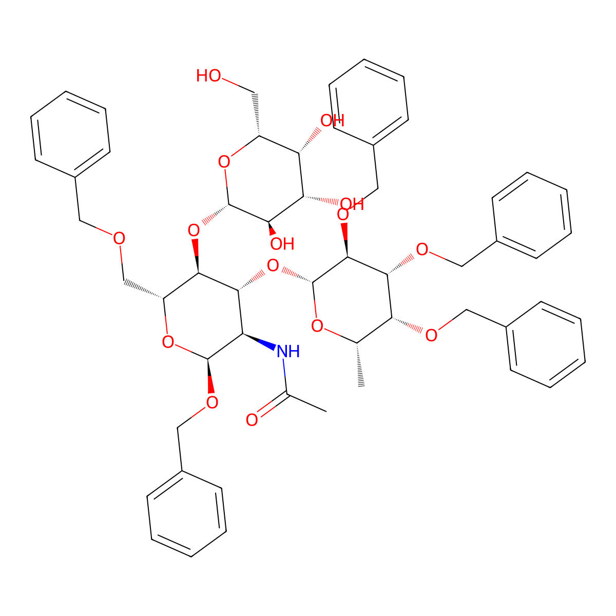2-Acetamido-1,6-DI-O-benzyl-3-O-(2,3,4-tri-O-benzyl-B-L-fucopyranosyl)-2-deoxy-4-O-(B-D-galactopyranosyl)-A-D-glucopyranoside molecular structure, CAS 71208-05-4