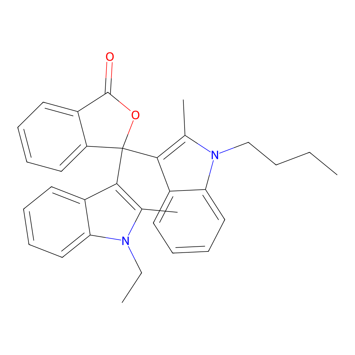 1(3H)-Isobenzofuranone, 3-(1-butyl-2-methyl-1H-indol-3-yl)-3-(1-ethyl-2-methyl-1H-indol-3-yl)- molecular structure, CAS 71215-85-5