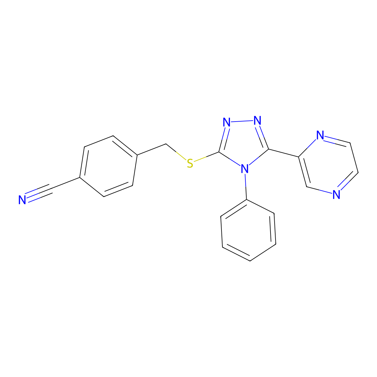 4-[(4-Phenyl-5-pyrazin-2-yl-1,2,4-triazol-3-yl)sulfanylmethyl]benzonitrile molecular structure, CAS 712282-87-6