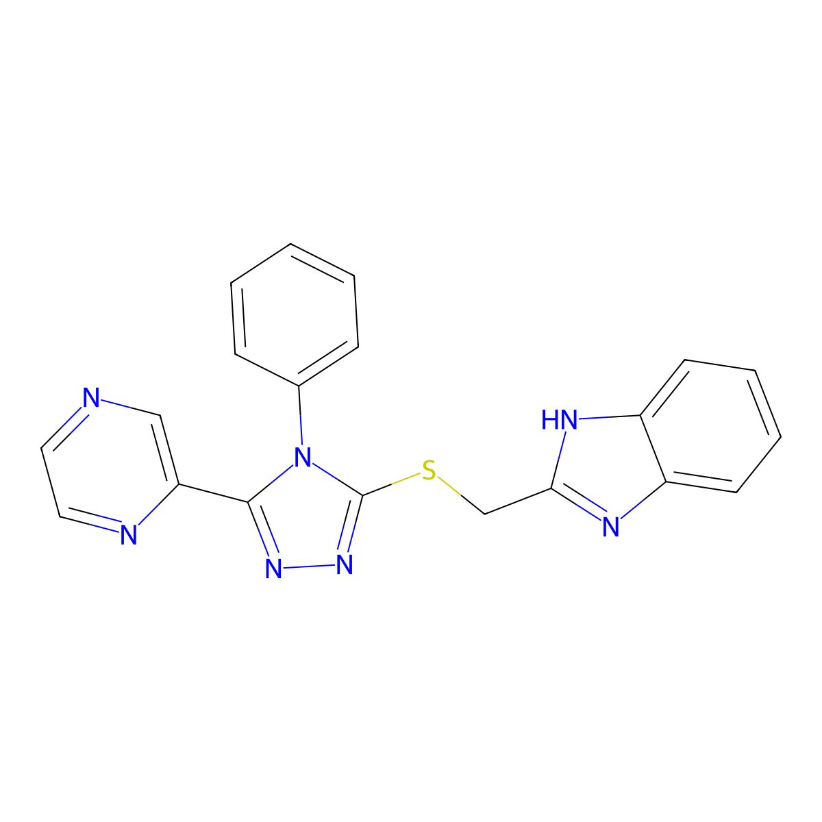 2-[(4-phenyl-5-pyrazin-2-yl-1,2,4-triazol-3-yl)sulfanylmethyl]-1H-benzimidazole molecular structure, CAS 712282-95-6