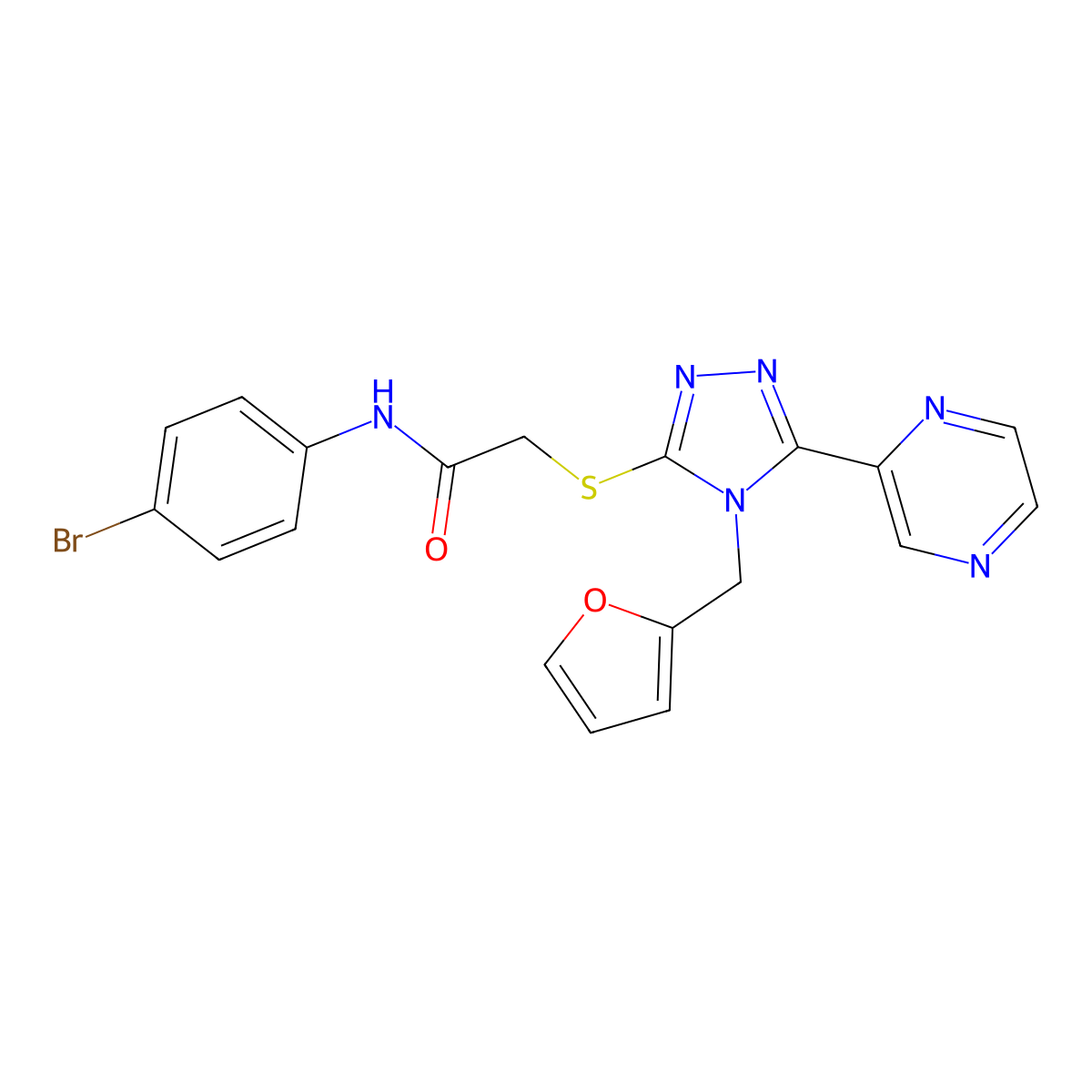 N-(4-bromophenyl)-2-{[4-(2-furylmethyl)-5-(2-pyrazinyl)-4H-1,2,4-triazol-3-yl]thio}acetamide molecular structure, CAS 712283-03-9