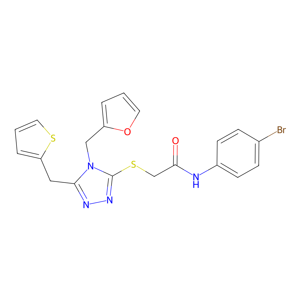 N-(4-bromophenyl)-2-[[4-(furan-2-ylmethyl)-5-(thiophen-2-ylmethyl)-1,2,4-triazol-3-yl]sulfanyl]acetamide molecular structure, CAS 712283-63-1