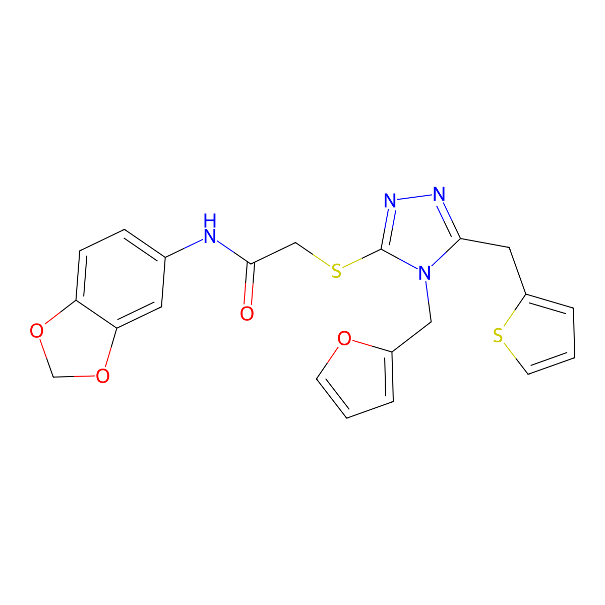 N-(1,3-benzodioxol-5-yl)-2-[[4-(furan-2-ylmethyl)-5-(thiophen-2-ylmethyl)-1,2,4-triazol-3-yl]sulfanyl]acetamide molecular structure, CAS 712283-66-4