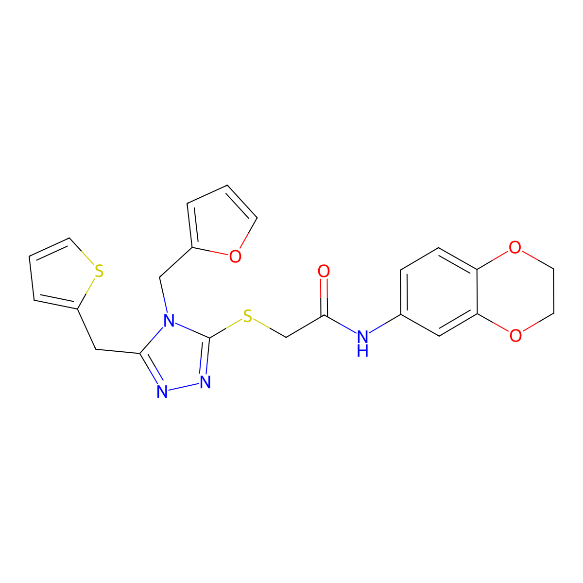 N-(2,3-dihydro-1,4-benzodioxin-6-yl)-2-[[4-(furan-2-ylmethyl)-5-(thiophen-2-ylmethyl)-1,2,4-triazol-3-yl]sulfanyl]acetamide molecular structure, CAS 712283-67-5