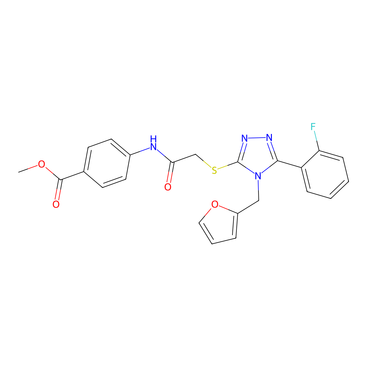 methyl 4-(2-((5-(2-fluorophenyl)-4-(furan-2-ylmethyl)-4H-1,2,4-triazol-3-yl)thio)acetamido)benzoate molecular structure, CAS 712283-93-7