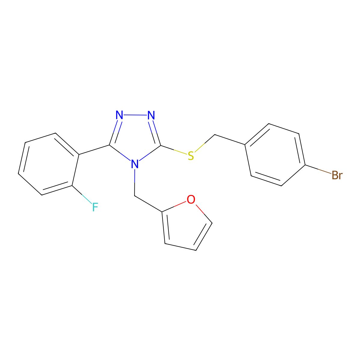 3-[(4-Bromophenyl)methylsulfanyl]-5-(2-fluorophenyl)-4-(furan-2-ylmethyl)-1,2,4-triazole molecular structure, CAS 712283-94-8