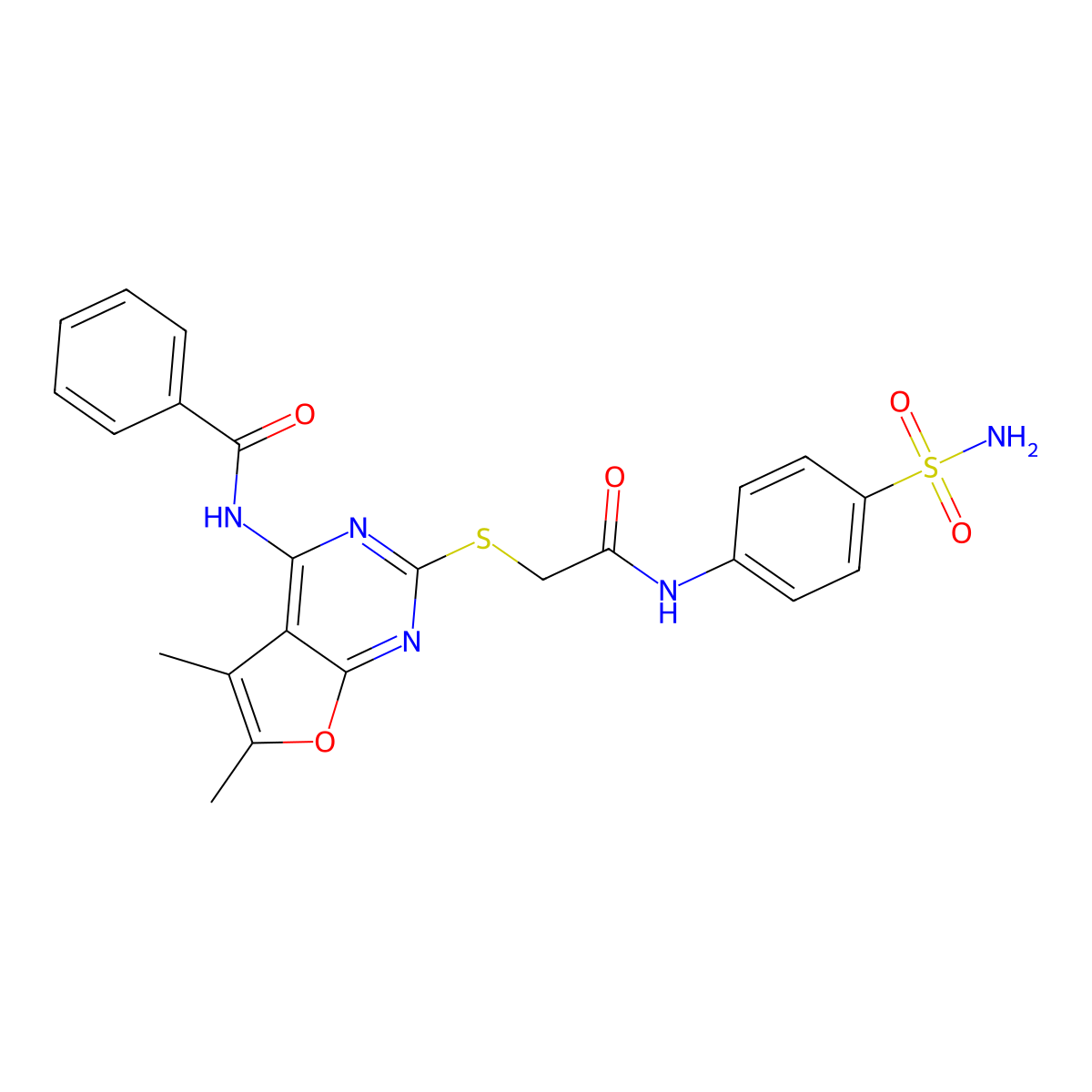 N-{2-[(2-{[4-(aminosulfonyl)phenyl]amino}-2-oxoethyl)thio]-5,6-dimethylfuro[2,3-d]pyrimidin-4-yl}benzamide molecular structure, CAS 712284-05-4