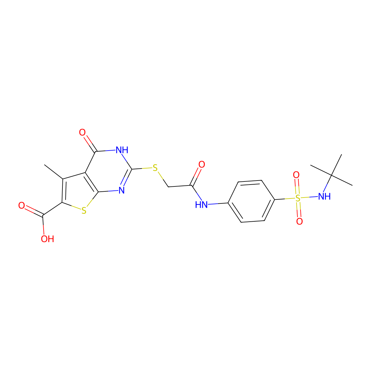 2-[2-[4-(tert-butylsulfamoyl)anilino]-2-oxoethyl]sulfanyl-5-methyl-4-oxo-3H-thieno[2,3-d]pyrimidine-6-carboxylic acid molecular structure, CAS 712284-06-5