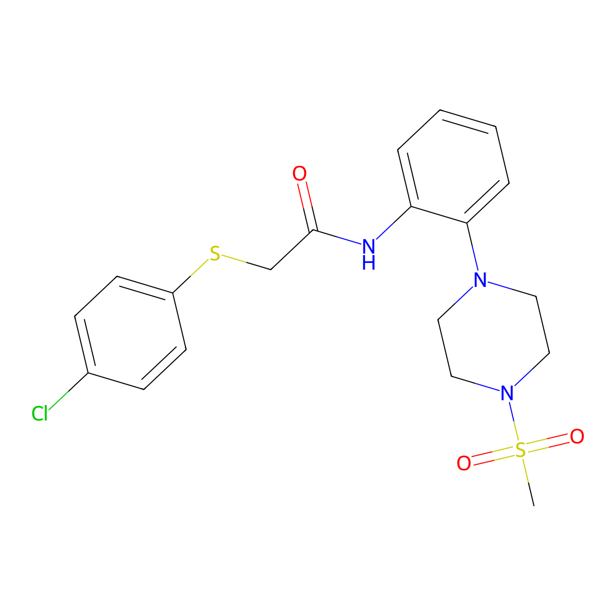 2-(4-chlorophenyl)sulfanyl-N-[2-(4-methylsulfonylpiperazin-1-yl)phenyl]acetamide molecular structure, CAS 712292-00-7