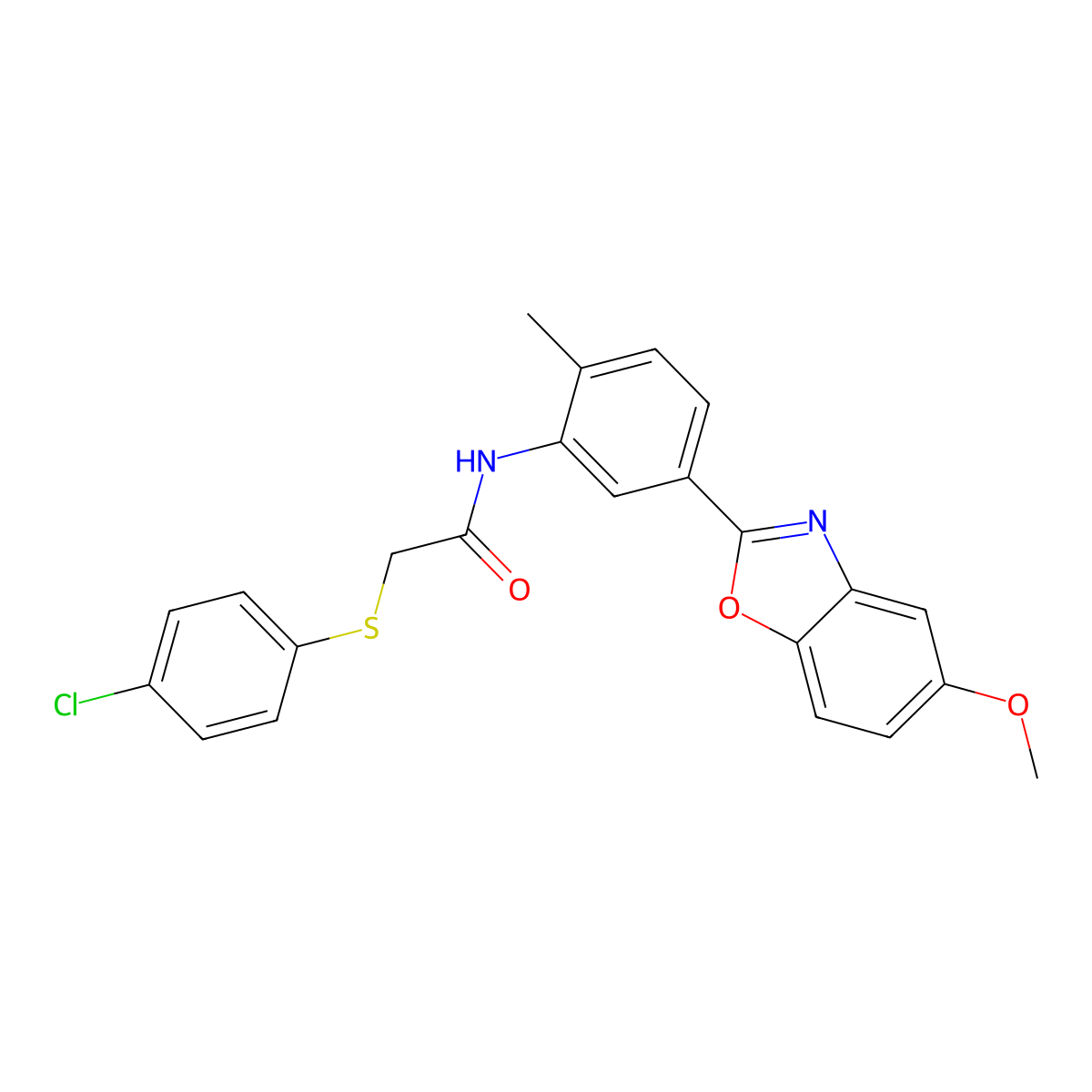 2-(4-chlorophenyl)sulfanyl-N-[5-(5-methoxy-1,3-benzoxazol-2-yl)-2-methylphenyl]acetamide molecular structure, CAS 712292-01-8