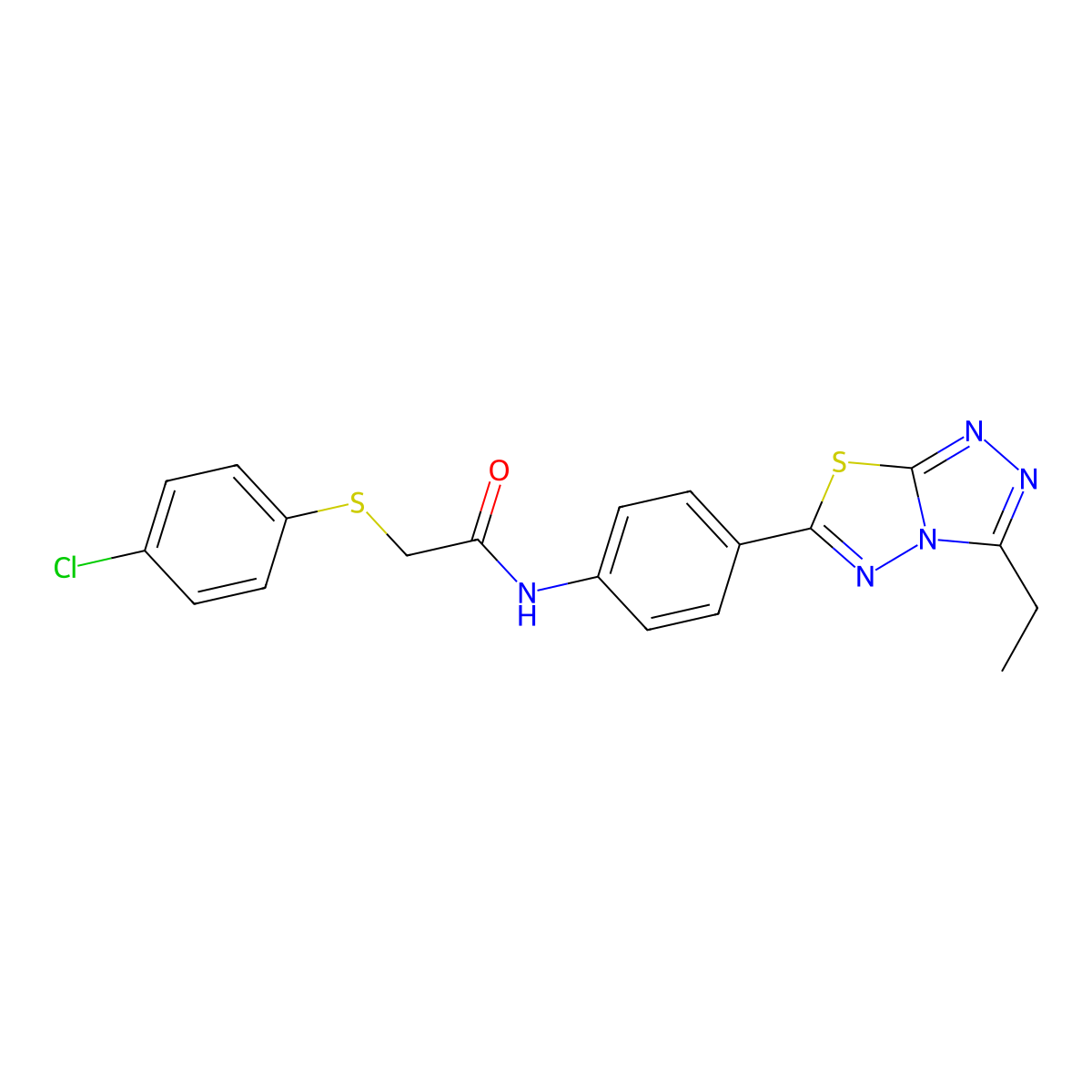 2-(4-chlorophenyl)sulfanyl-N-[4-(3-ethyl-[1,2,4]triazolo[3,4-b][1,3,4]thiadiazol-6-yl)phenyl]acetamide molecular structure, CAS 712292-02-9