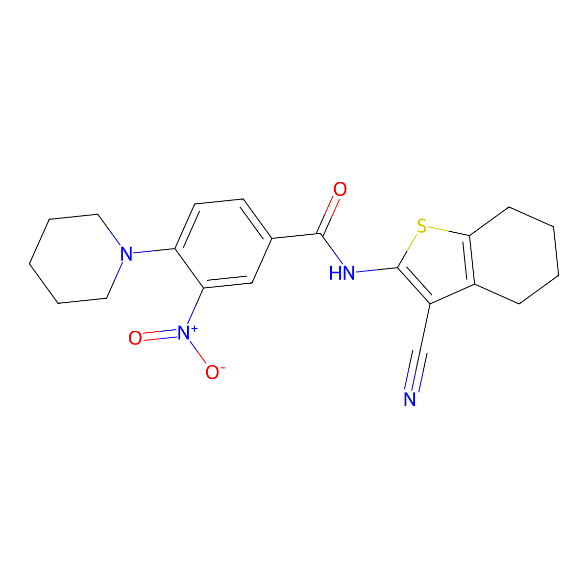 N-(3-cyano-4,5,6,7-tetrahydro-1-benzothiophen-2-yl)-3-nitro-4-piperidin-1-ylbenzamide molecular structure, CAS 712293-40-8