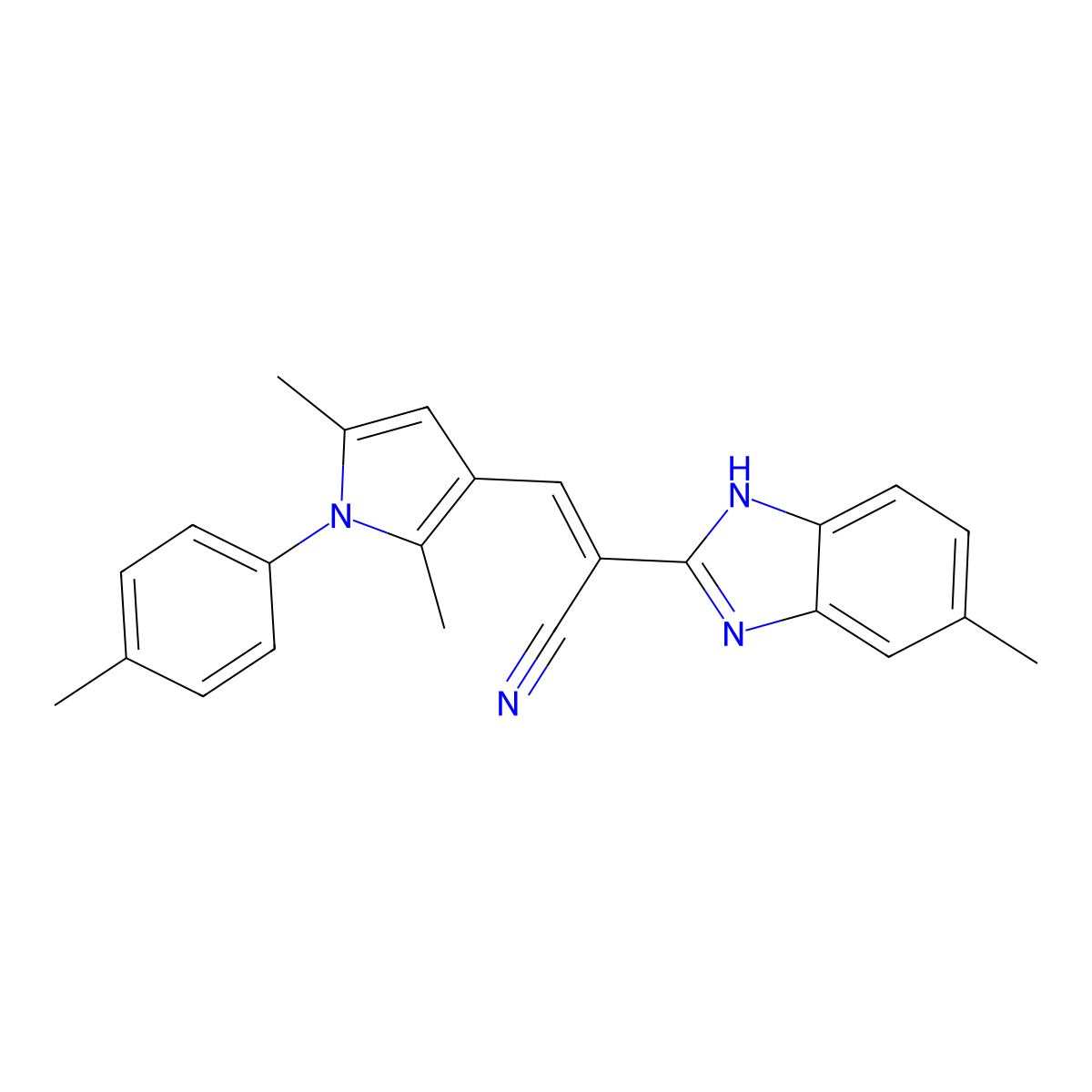 3-[2,5-dimethyl-1-(4-methylphenyl)pyrrol-3-yl]-2-(6-methyl-1H-benzimidazol-2-yl)prop-2-enenitrile molecular structure, CAS 712293-72-6