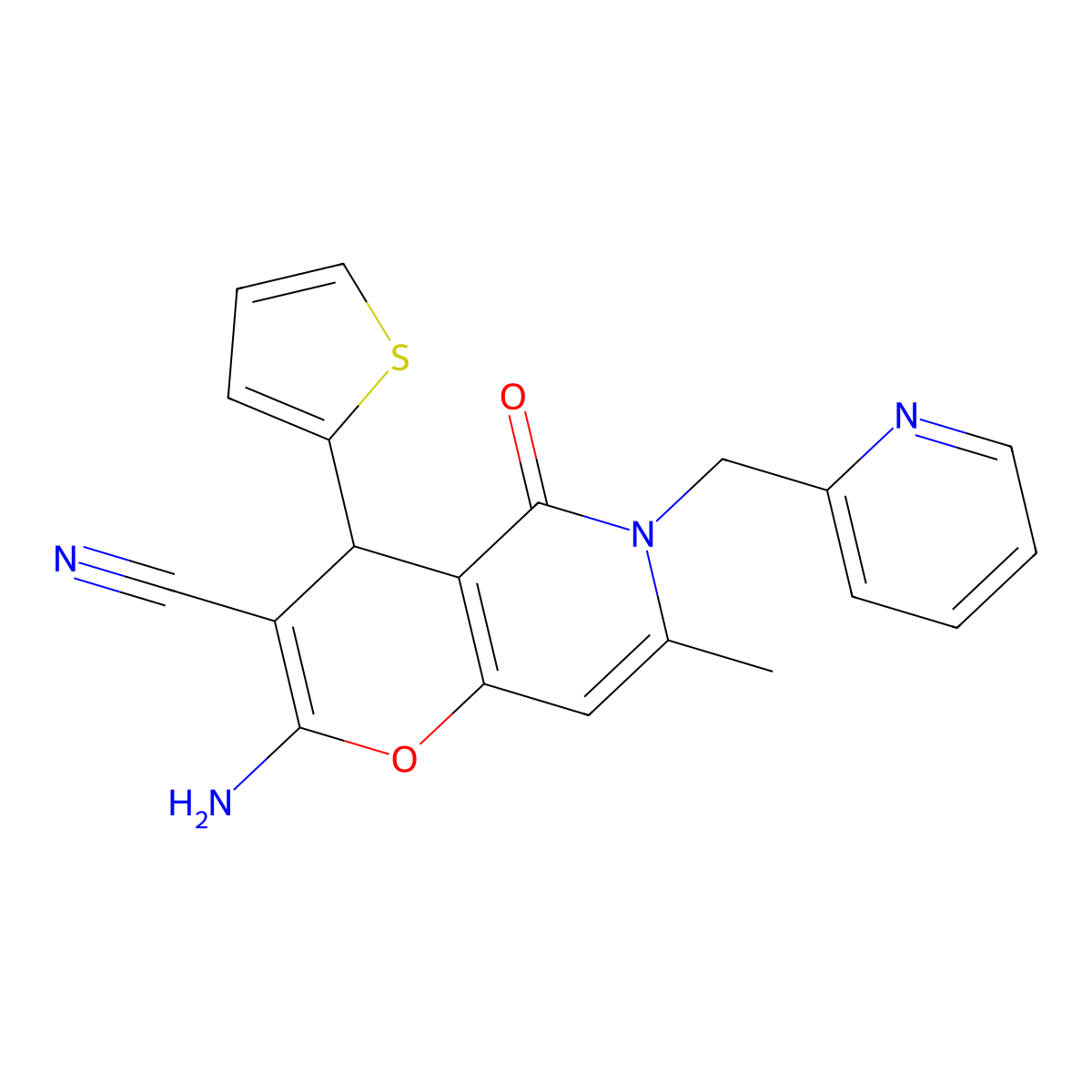 2-amino-7-methyl-5-oxo-6-(pyridin-2-ylmethyl)-4-(thiophen-2-yl)-5,6-dihydro-4H-pyrano[3,2-c]pyridine-3-carbonitrile molecular structure, CAS 712295-80-2