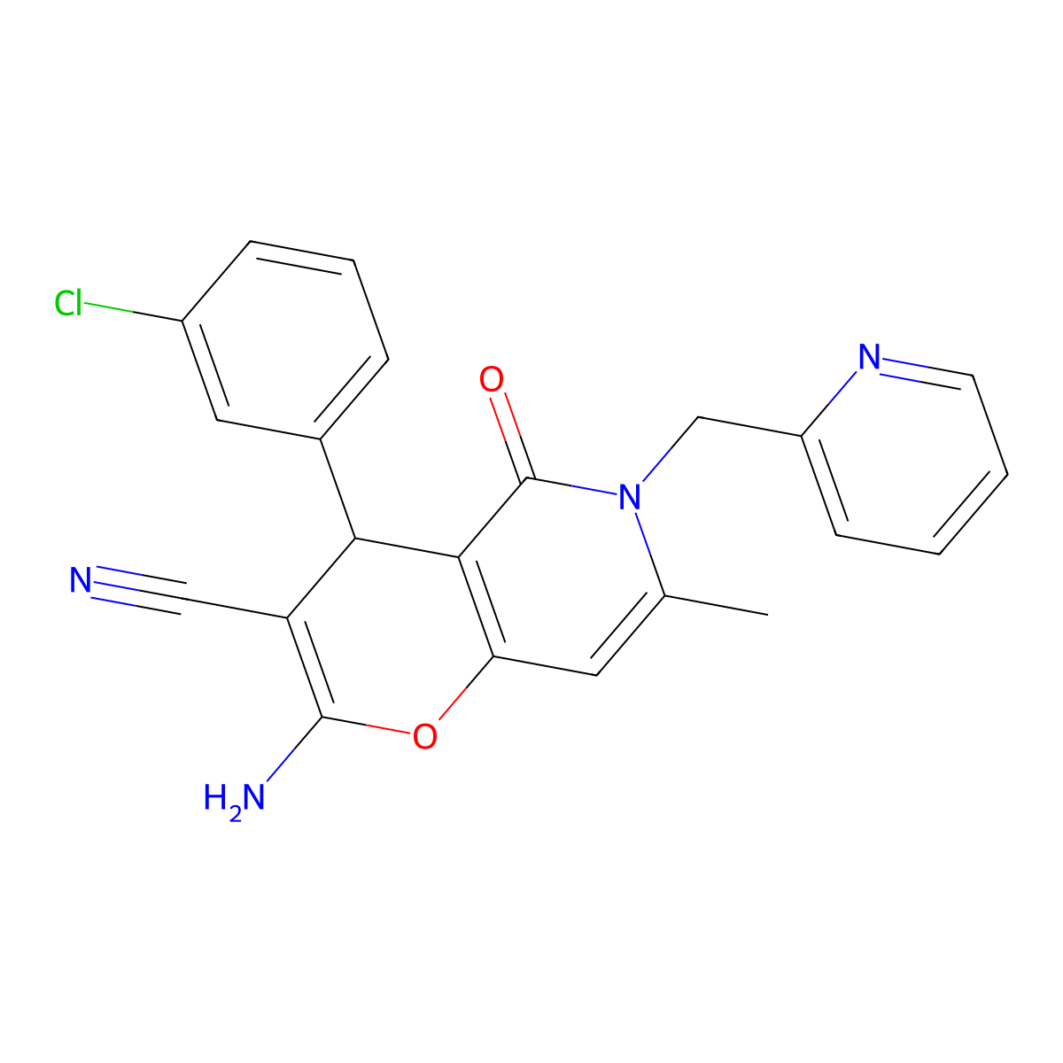 2-amino-4-(3-chlorophenyl)-7-methyl-5-oxo-6-(pyridin-2-ylmethyl)-5,6-dihydro-4H-pyrano[3,2-c]pyridine-3-carbonitrile molecular structure, CAS 712295-81-3