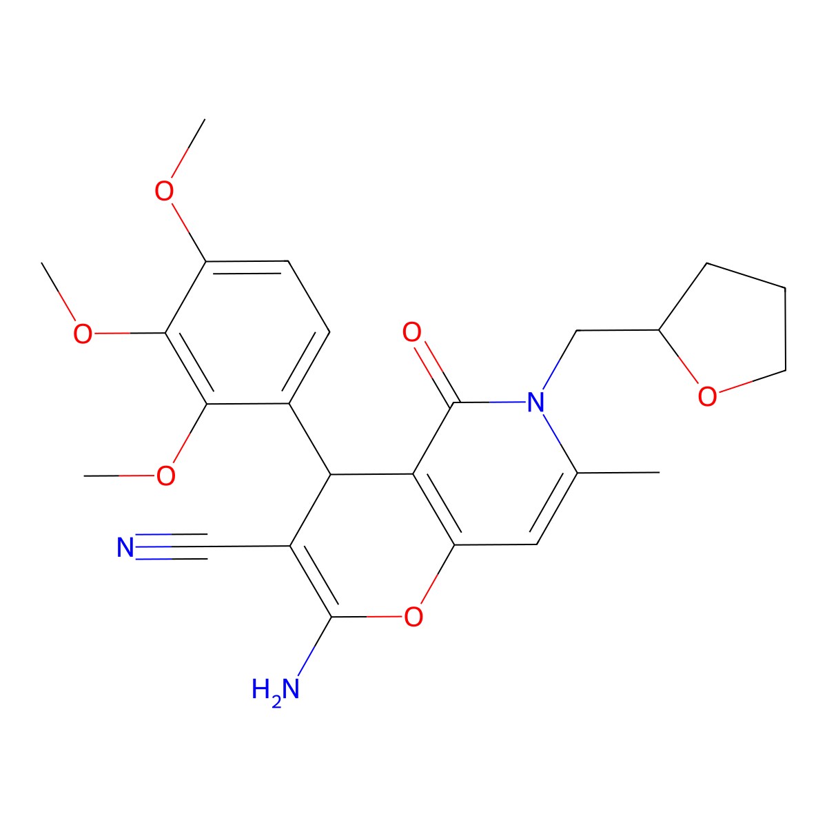 2-amino-7-methyl-5-oxo-6-((tetrahydrofuran-2-yl)methyl)-4-(2,3,4-trimethoxyphenyl)-5,6-dihydro-4H-pyrano[3,2-c]pyridine-3-carbonitrile molecular structure, CAS 712295-85-7