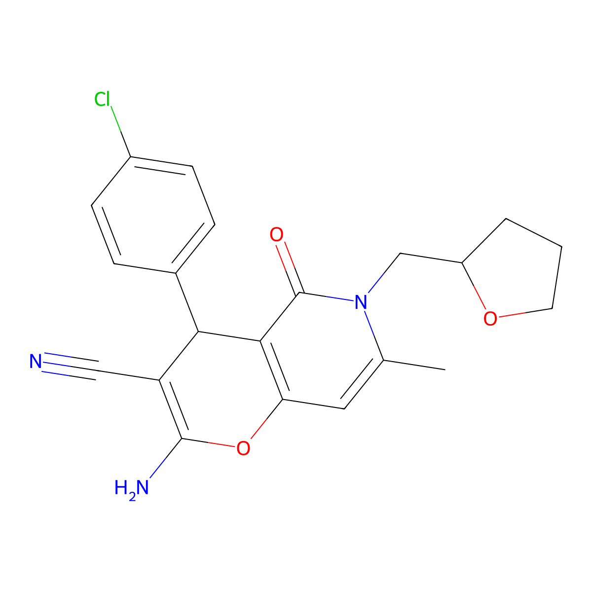 2-amino-4-(4-chlorophenyl)-7-methyl-5-oxo-6-((tetrahydrofuran-2-yl)methyl)-5,6-dihydro-4H-pyrano[3,2-c]pyridine-3-carbonitrile molecular structure, CAS 712295-88-0