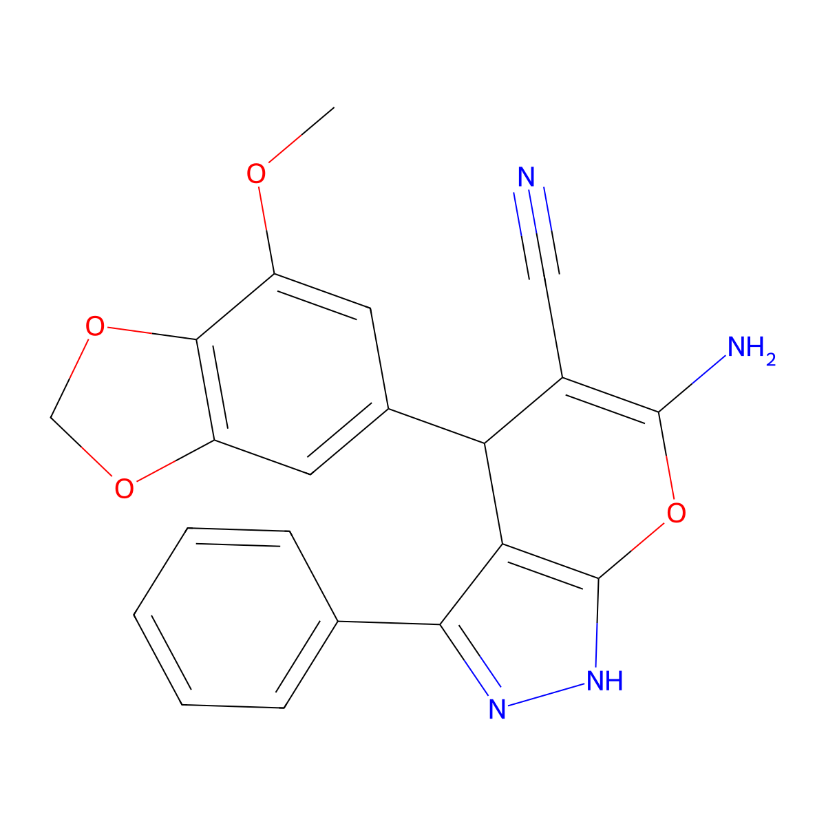 6-Amino-4-(7-methoxy-1,3-benzodioxol-5-yl)-3-phenyl-2,4-dihydropyrano[2,3-c]pyrazole-5-carbonitrile molecular structure, CAS 712295-95-9