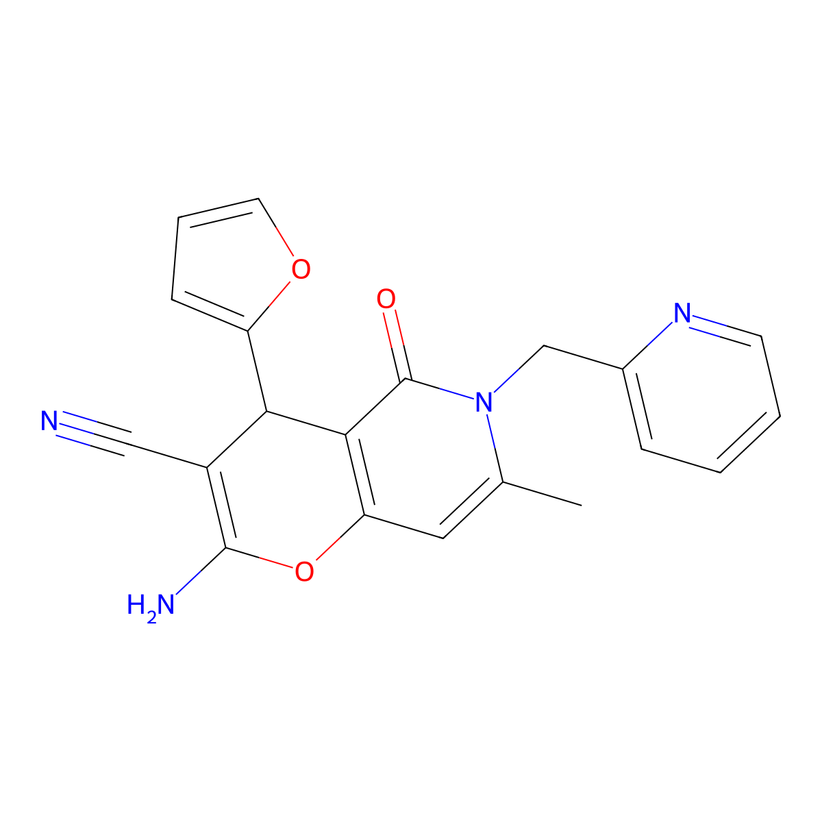 2-amino-4-(furan-2-yl)-7-methyl-5-oxo-6-(pyridin-2-ylmethyl)-5,6-dihydro-4H-pyrano[3,2-c]pyridine-3-carbonitrile molecular structure, CAS 712296-06-5