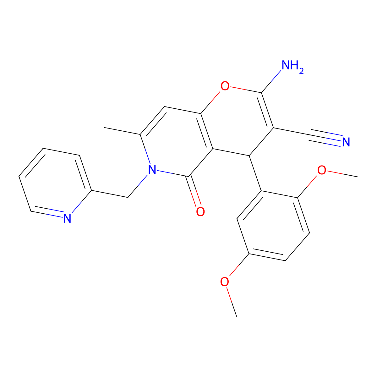 2-amino-4-(2,5-dimethoxyphenyl)-7-methyl-5-oxo-6-(pyridin-2-ylmethyl)-5,6-dihydro-4H-pyrano[3,2-c]pyridine-3-carbonitrile molecular structure, CAS 712296-07-6
