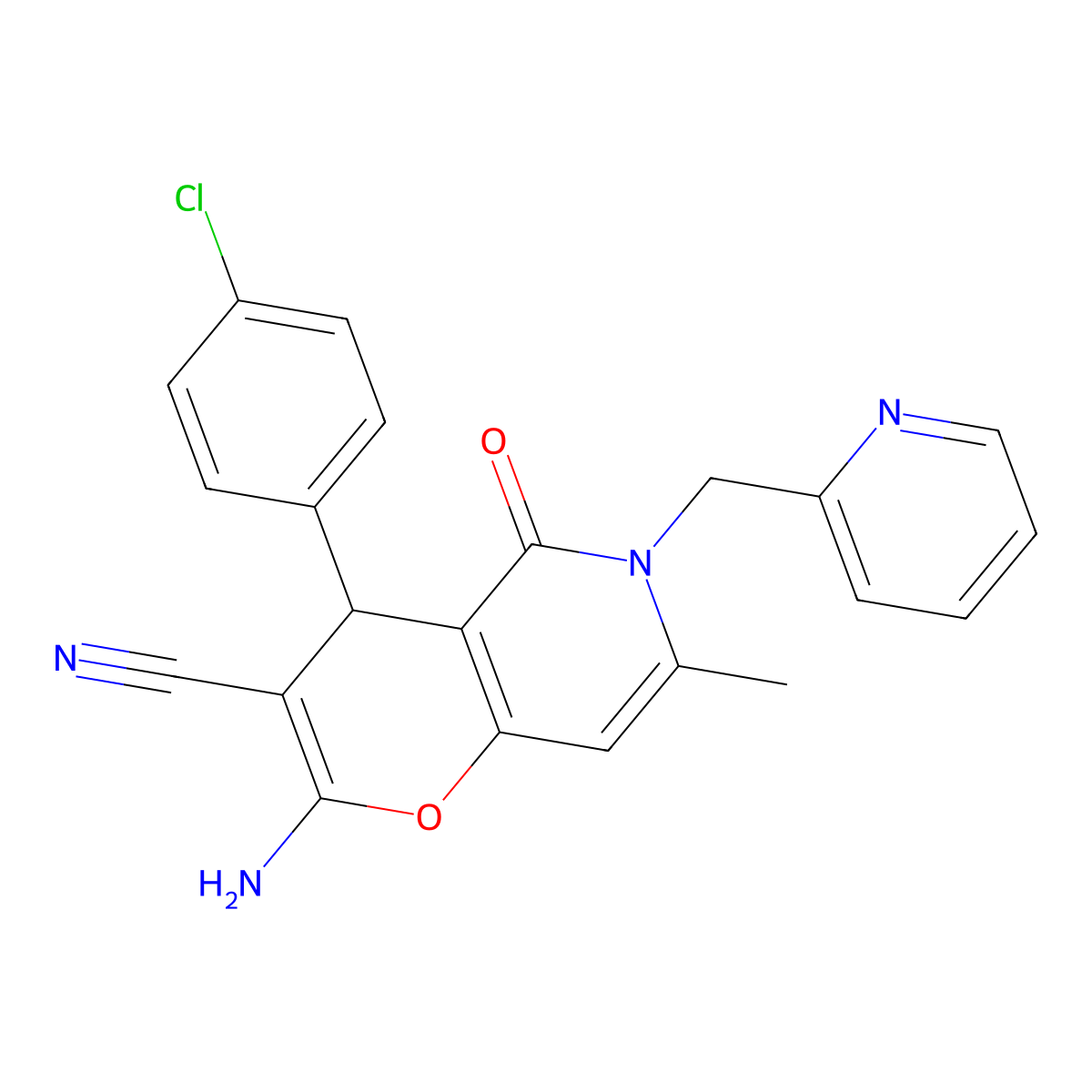 2-amino-4-(4-chlorophenyl)-7-methyl-5-oxo-6-(pyridin-2-ylmethyl)-5,6-dihydro-4H-pyrano[3,2-c]pyridine-3-carbonitrile molecular structure, CAS 712296-08-7
