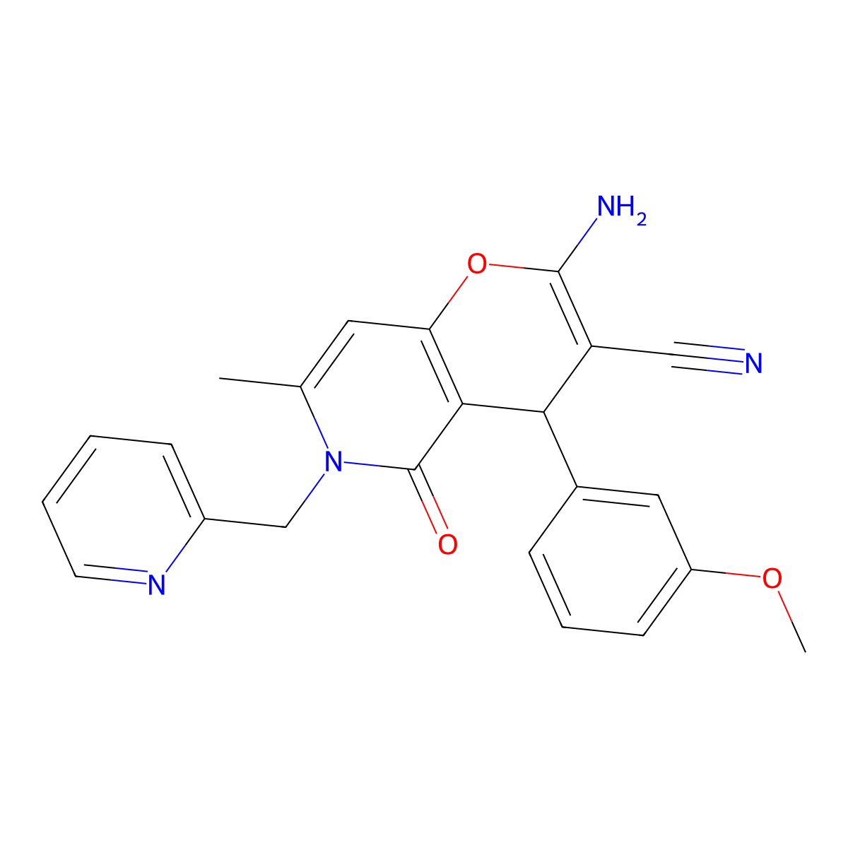 2-amino-4-(3-methoxyphenyl)-7-methyl-5-oxo-6-(pyridin-2-ylmethyl)-5,6-dihydro-4H-pyrano[3,2-c]pyridine-3-carbonitrile molecular structure, CAS 712296-12-3