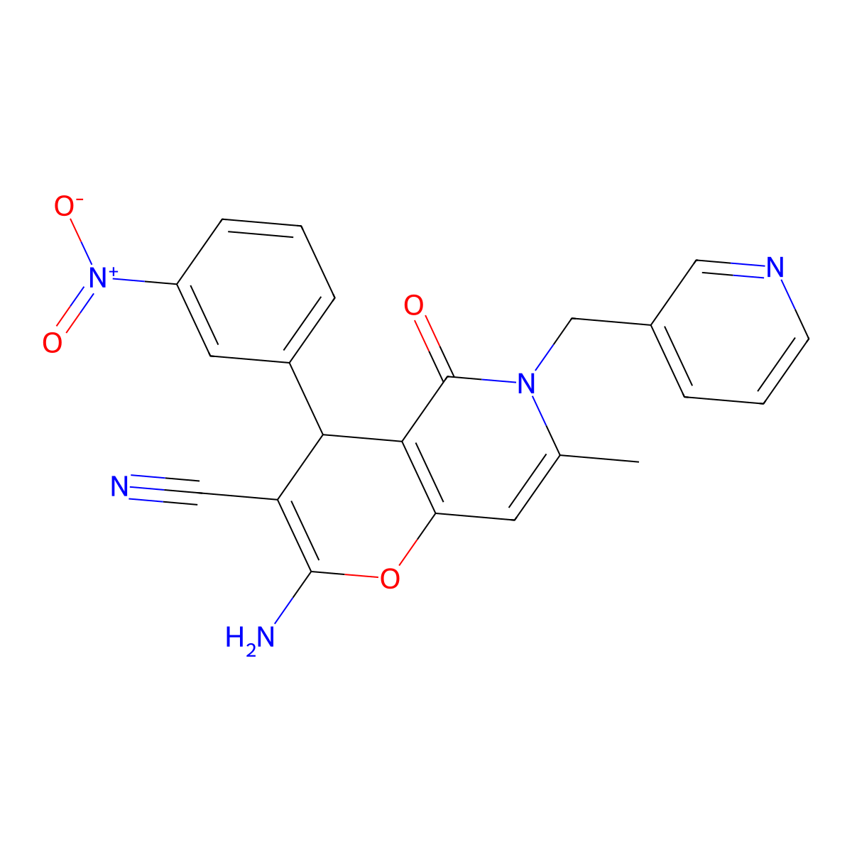 2-amino-7-methyl-4-(3-nitrophenyl)-5-oxo-6-(pyridin-3-ylmethyl)-5,6-dihydro-4H-pyrano[3,2-c]pyridine-3-carbonitrile molecular structure, CAS 712296-14-5