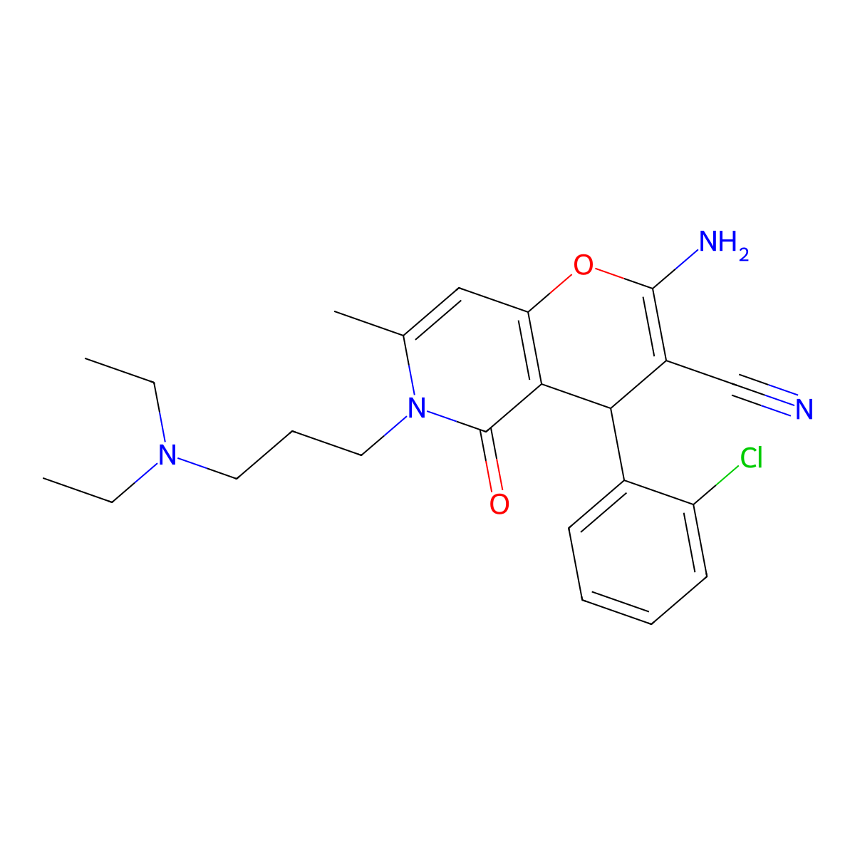 2-amino-4-(2-chlorophenyl)-6-(3-(diethylamino)propyl)-7-methyl-5-oxo-5,6-dihydro-4H-pyrano[3,2-c]pyridine-3-carbonitrile molecular structure, CAS 712296-17-8
