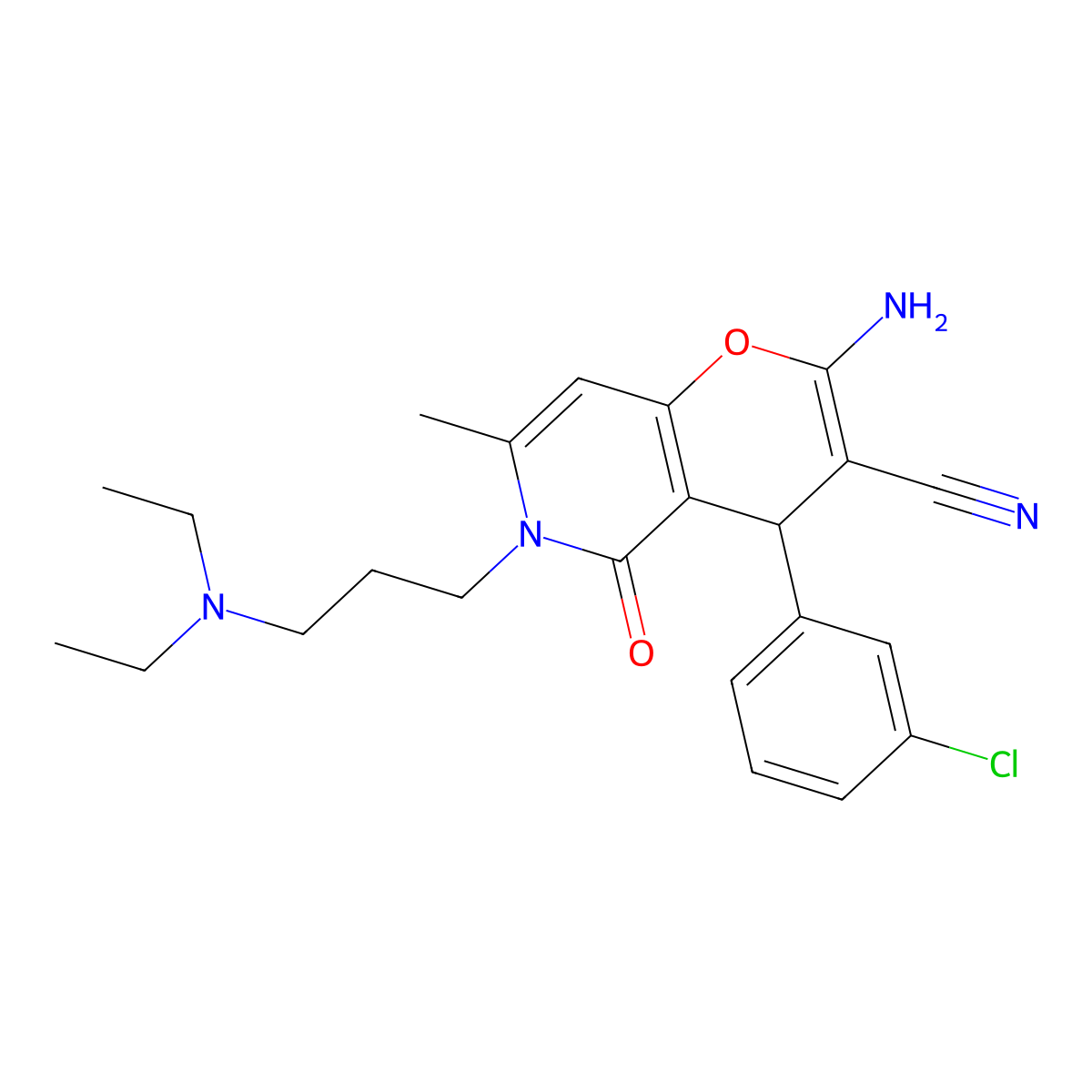 2-amino-4-(3-chlorophenyl)-6-(3-(diethylamino)propyl)-7-methyl-5-oxo-5,6-dihydro-4H-pyrano[3,2-c]pyridine-3-carbonitrile molecular structure, CAS 712296-23-6