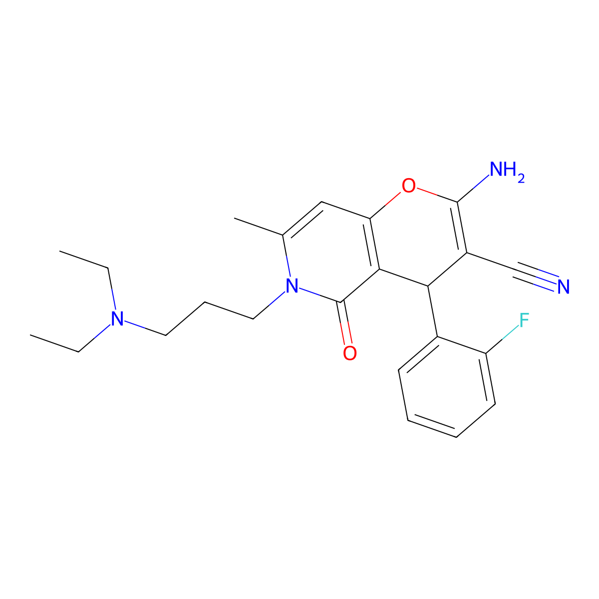 2-amino-6-(3-(diethylamino)propyl)-4-(2-fluorophenyl)-7-methyl-5-oxo-5,6-dihydro-4H-pyrano[3,2-c]pyridine-3-carbonitrile molecular structure, CAS 712296-24-7