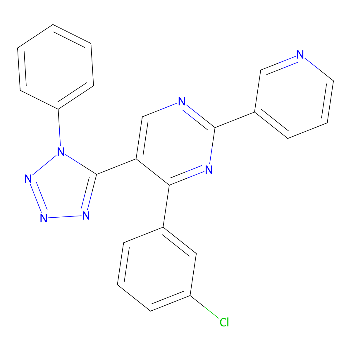 4-(3-chlorophenyl)-5-(1-phenyl-1H-tetraazol-5-yl)-2-(3-pyridinyl)pyrimidine molecular structure, CAS 712297-44-4