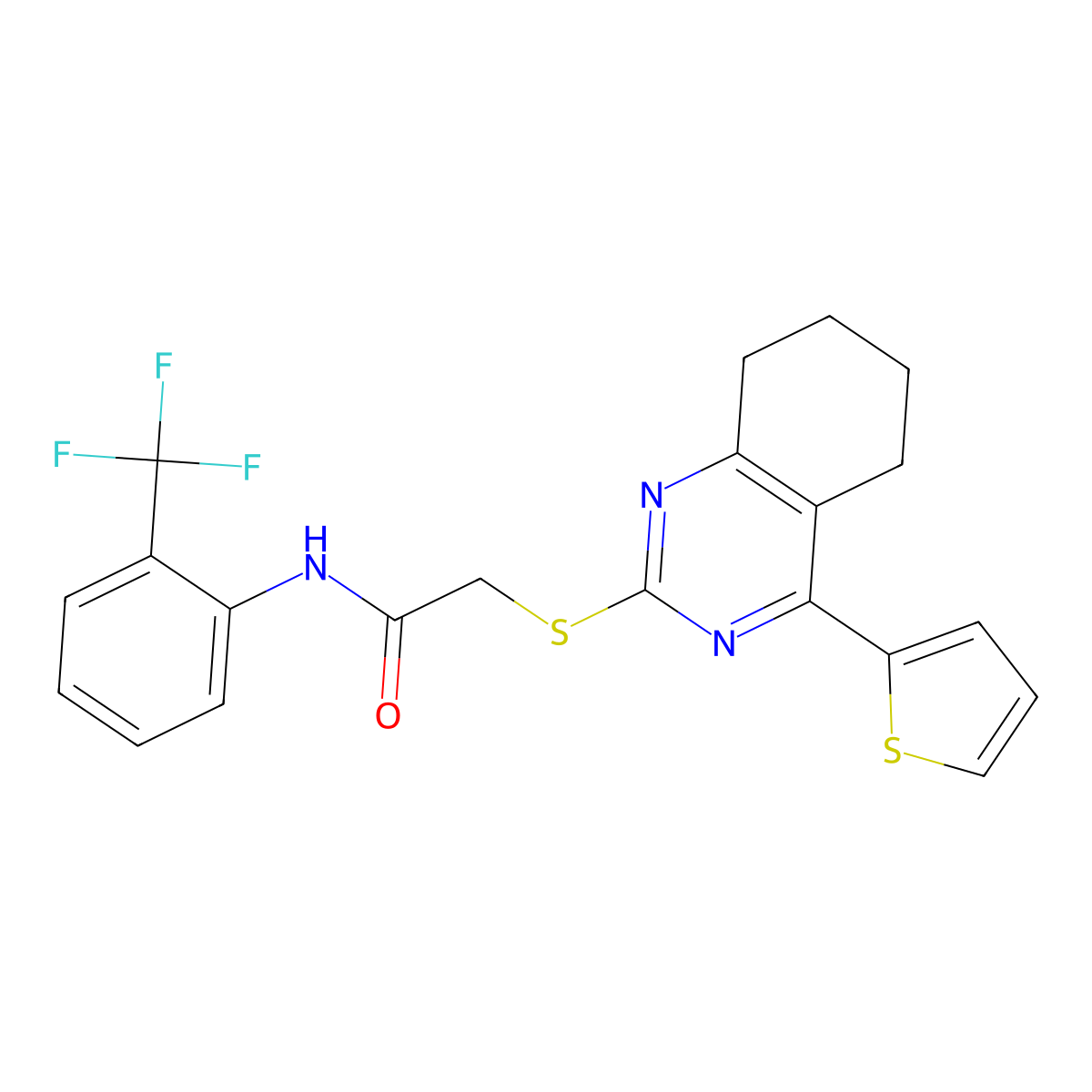 2-{[4-(thiophen-2-yl)-5,6,7,8-tetrahydroquinazolin-2-yl]sulfanyl}-N-[2-(trifluoromethyl)phenyl]acetamide molecular structure, CAS 712307-47-6