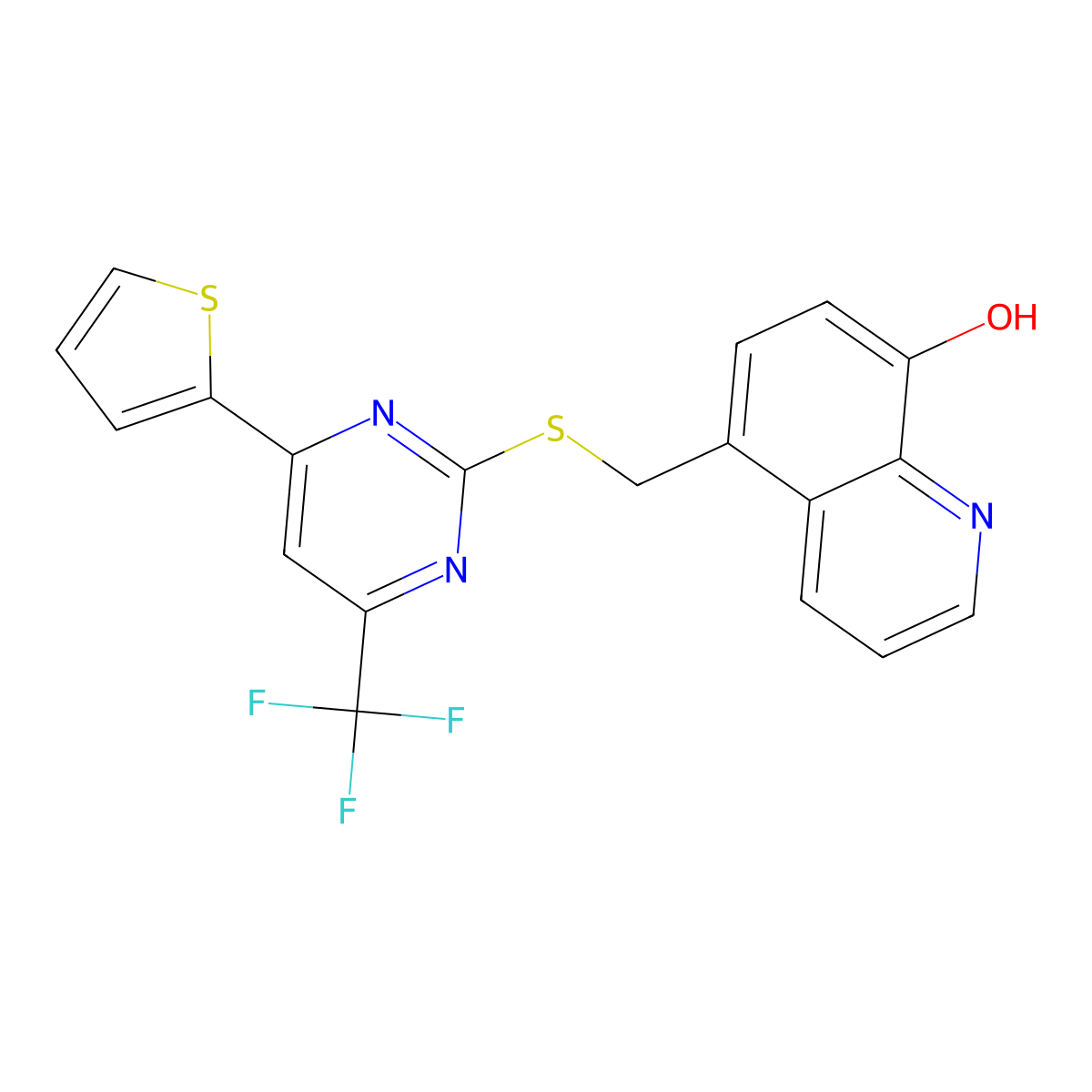 5-[[4-Thiophen-2-yl-6-(trifluoromethyl)pyrimidin-2-yl]sulfanylmethyl]quinolin-8-ol molecular structure, CAS 712307-55-6