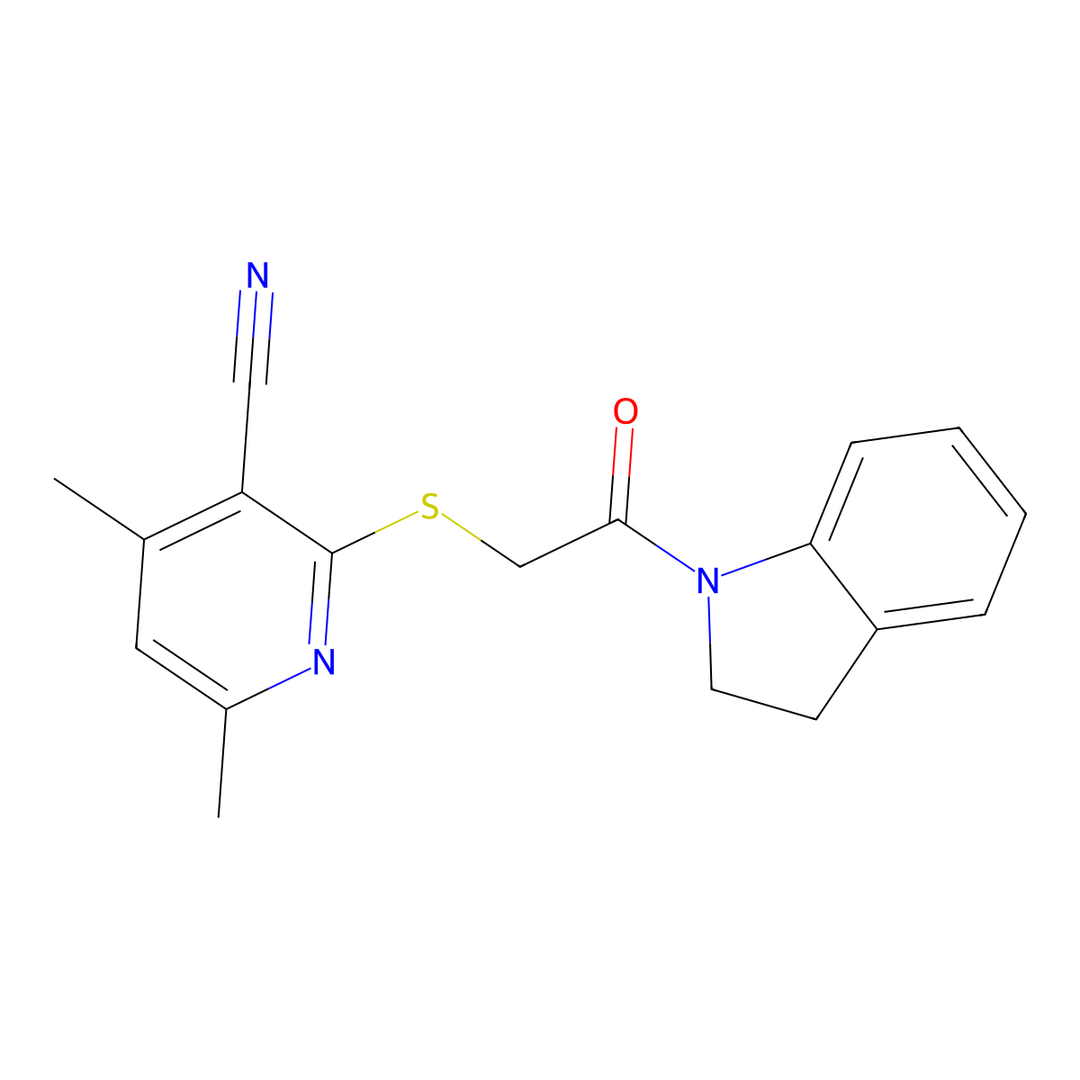 2-{[2-(2,3-dihydro-1H-indol-1-yl)-2-oxoethyl]sulfanyl}-4,6-dimethylpyridine-3-carbonitrile molecular structure, CAS 712308-05-9