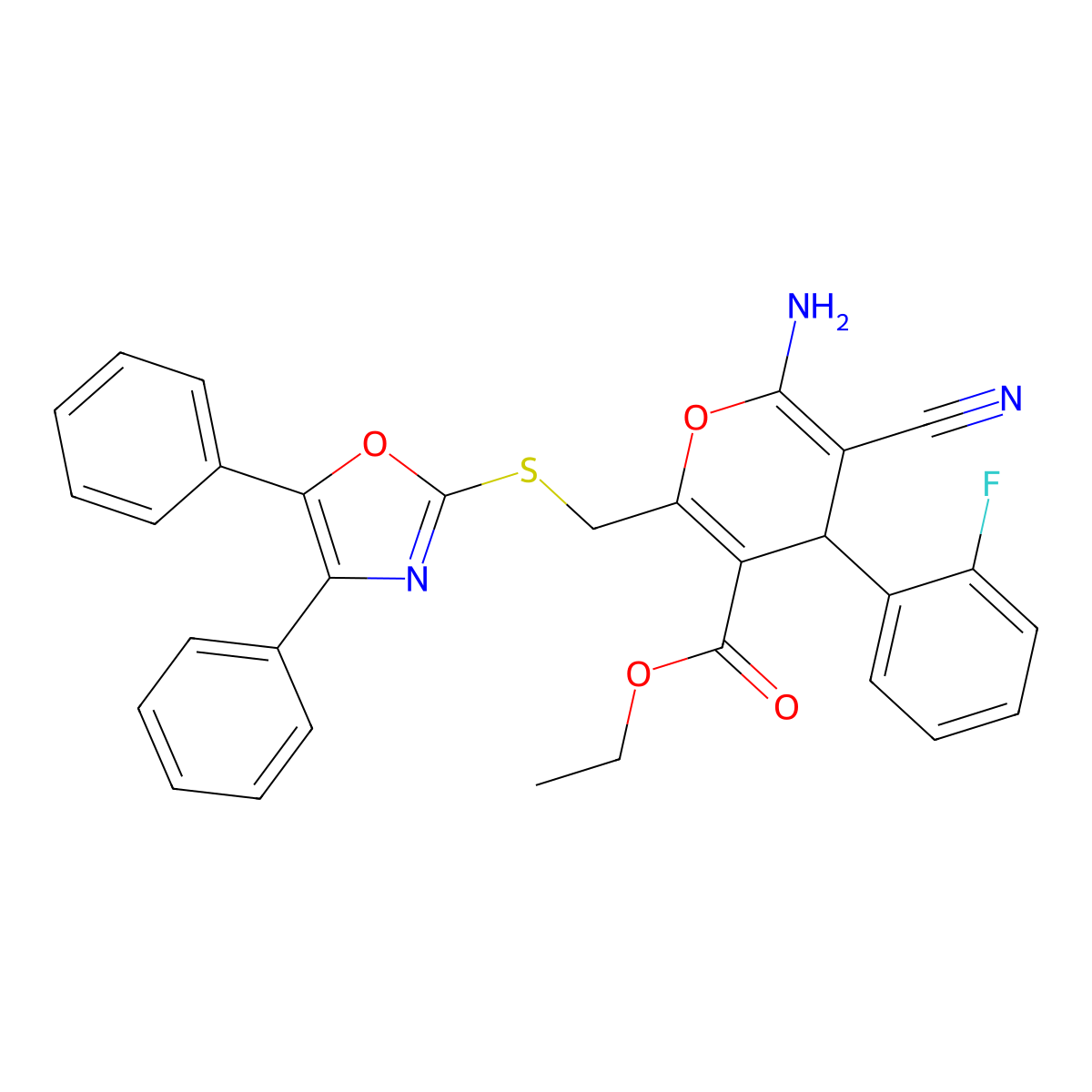 ethyl 6-amino-5-cyano-2-{[(4,5-diphenyl-1,3-oxazol-2-yl)sulfanyl]methyl}-4-(2-fluorophenyl)-4H-pyran-3-carboxylate molecular structure, CAS 712308-09-3
