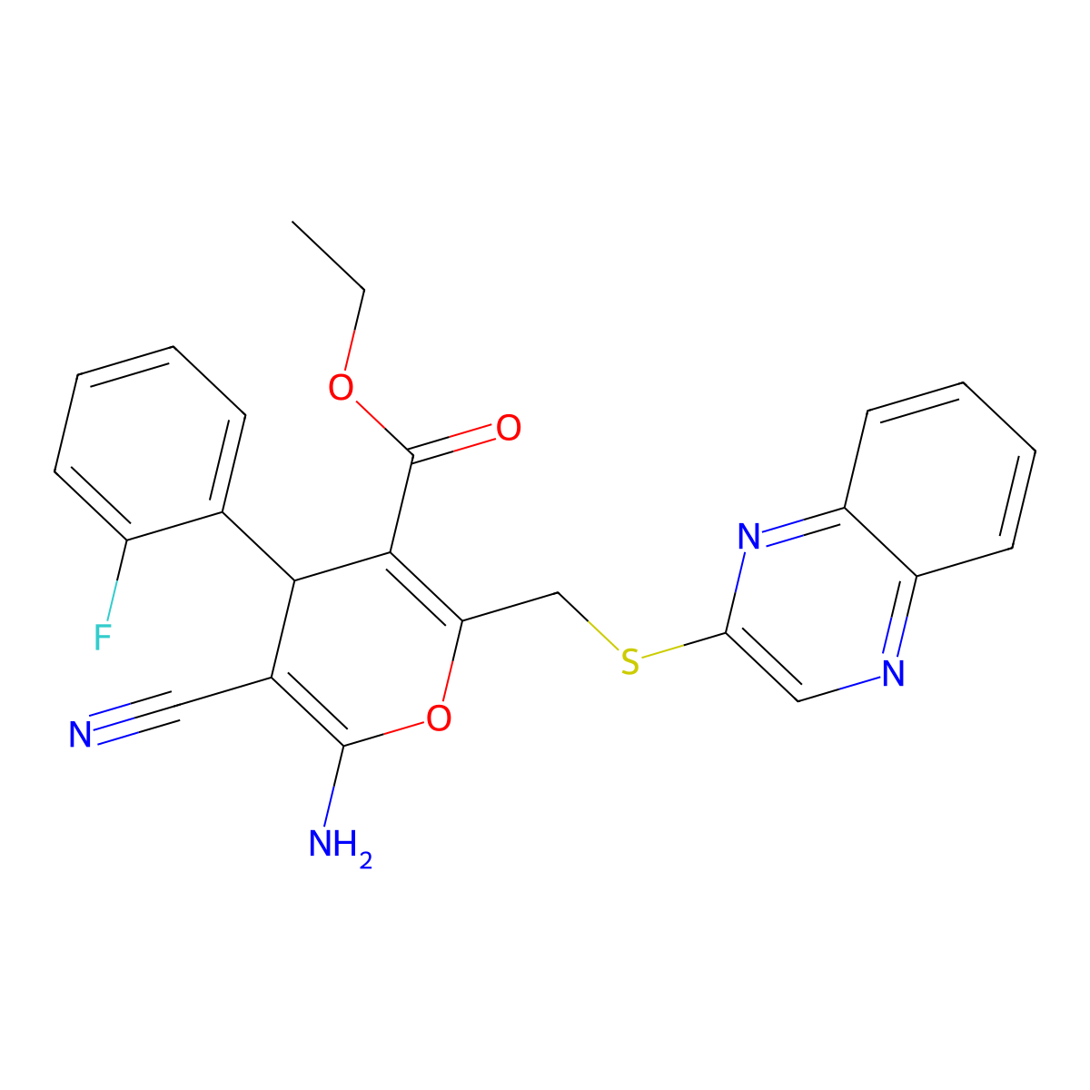 ethyl 6-amino-5-cyano-4-(2-fluorophenyl)-2-[(quinoxalin-2-ylsulfanyl)methyl]-4H-pyran-3-carboxylate molecular structure, CAS 712308-10-6
