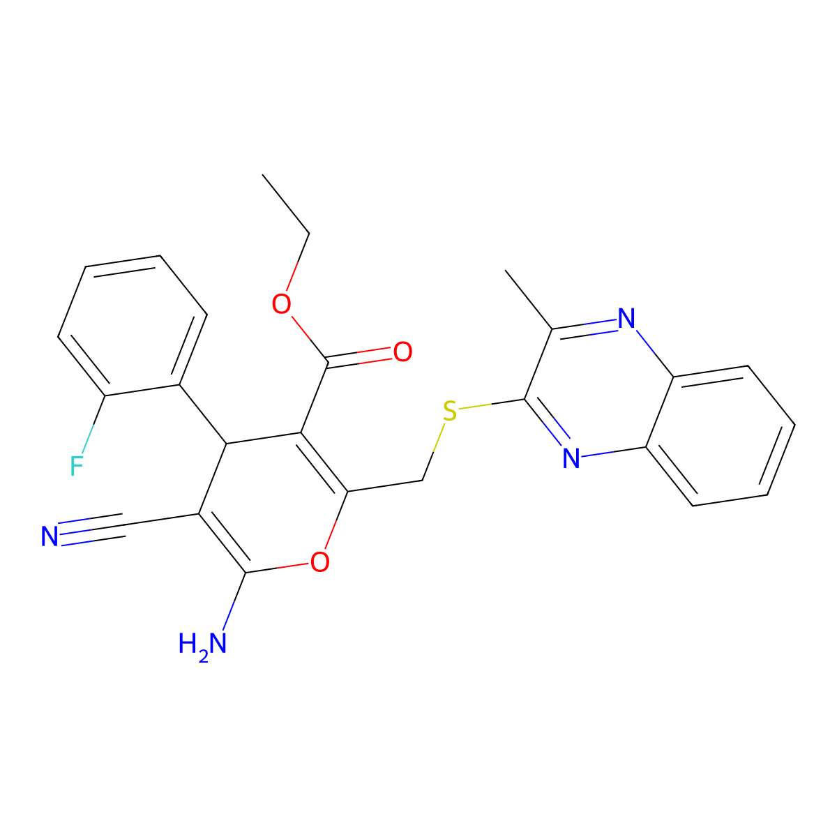 ethyl 6-amino-5-cyano-4-(2-fluorophenyl)-2-{[(3-methylquinoxalin-2-yl)sulfanyl]methyl}-4H-pyran-3-carboxylate molecular structure, CAS 712308-14-0