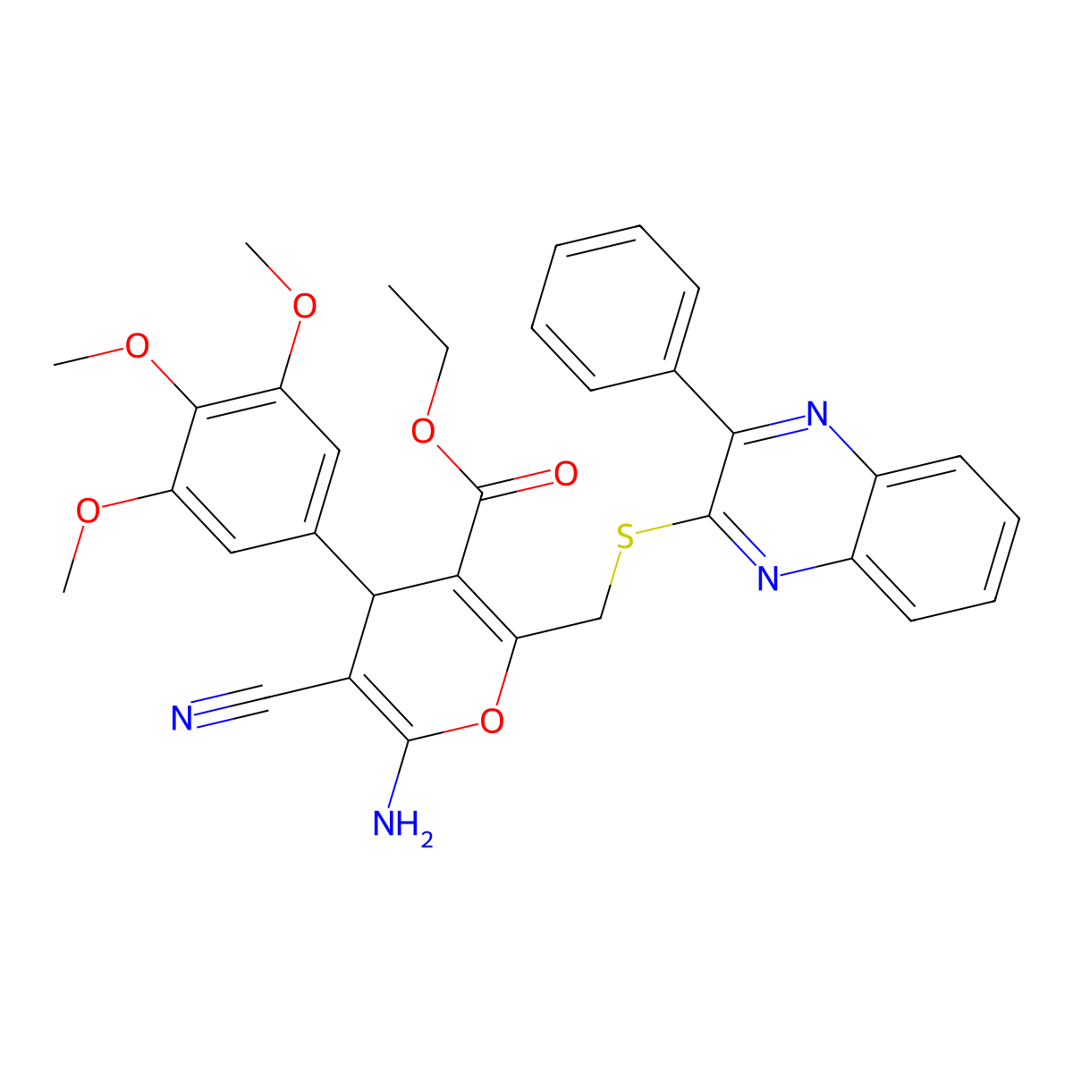 Ethyl 6-amino-5-cyano-2-{[(3-phenylquinoxalin-2-YL)sulfanyl]methyl}-4-(3,4,5-trimethoxyphenyl)-4H-pyran-3-carboxylate molecular structure, CAS 712308-26-4