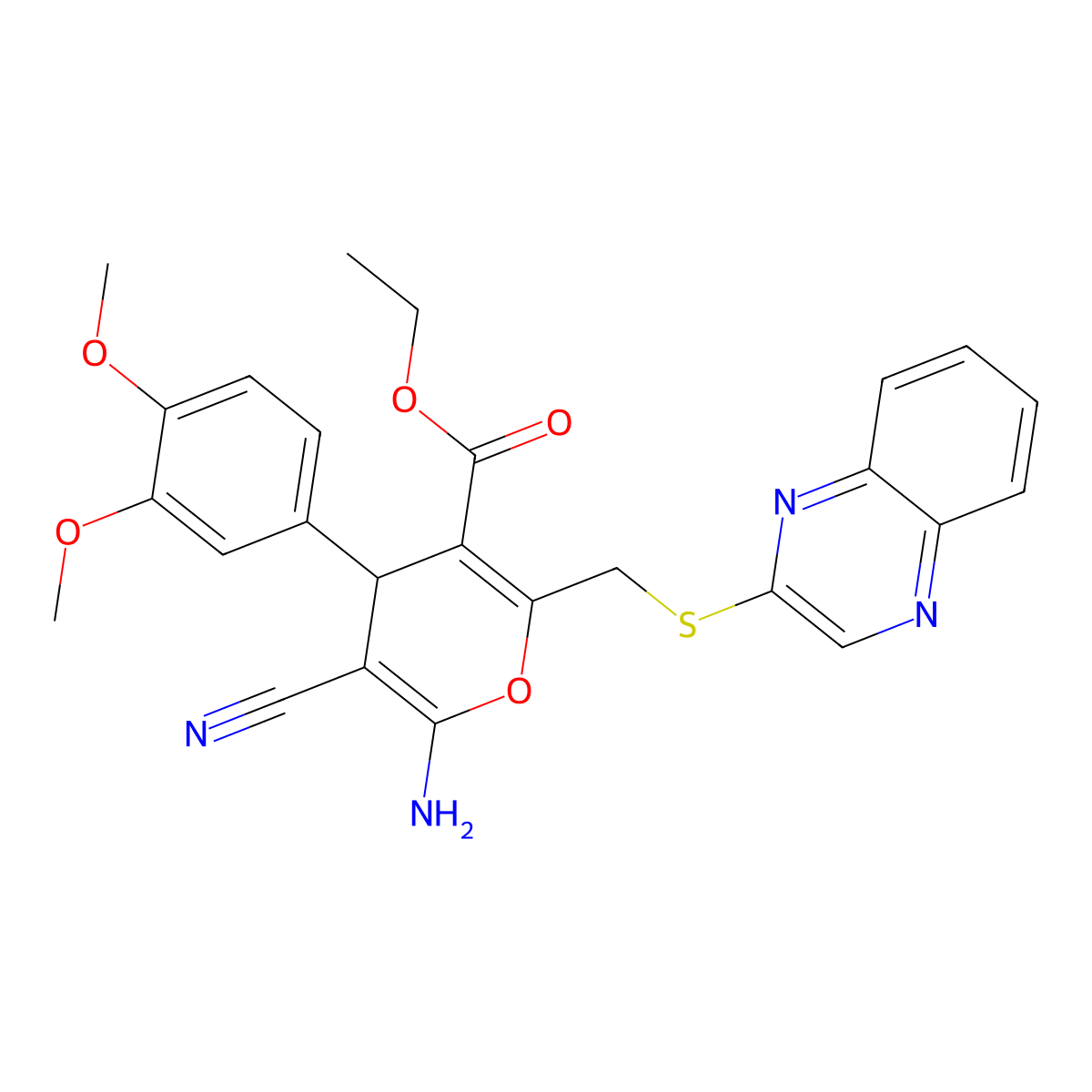 Ethyl 6-amino-5-cyano-4-(3,4-dimethoxyphenyl)-2-[(quinoxalin-2-ylsulfanyl)methyl]-4H-pyran-3-carboxylate molecular structure, CAS 712308-27-5