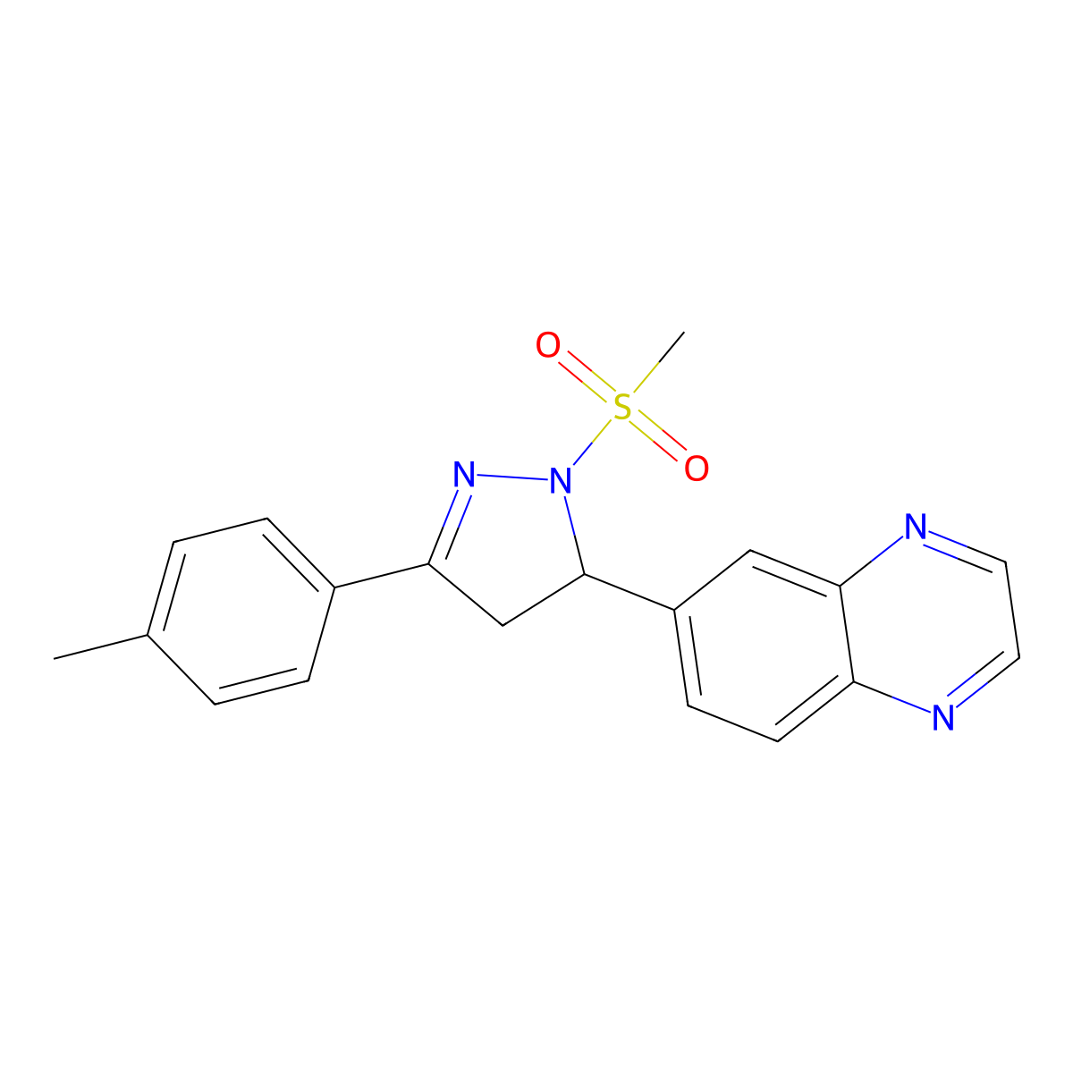 6-(1-(methylsulfonyl)-3-(p-tolyl)-4,5-dihydro-1H-pyrazol-5-yl)quinoxaline molecular structure, CAS 712308-47-9